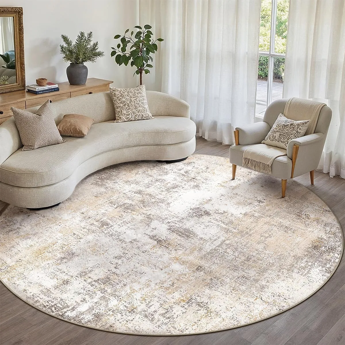 HUGEAR Waschbare Teppiche Rund Gegend Teppich 240cm Beige Grau Modern Abstrakt Wohnzimmer Schlafzimmer Teppisch Runder …