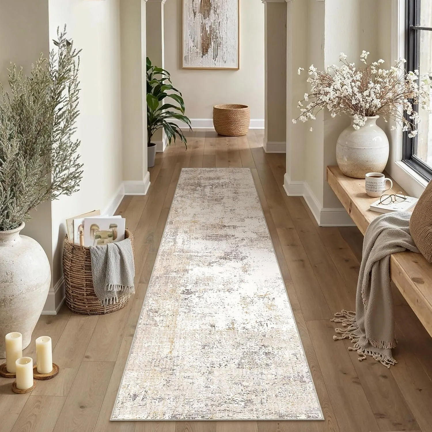 HUGEAR Waschbarer Läufer Teppich Flur 80x400cm Beige Grau Modern Abstrakt Küchen Wohnzimmer Schlafzimmer Teppiche Teppi…