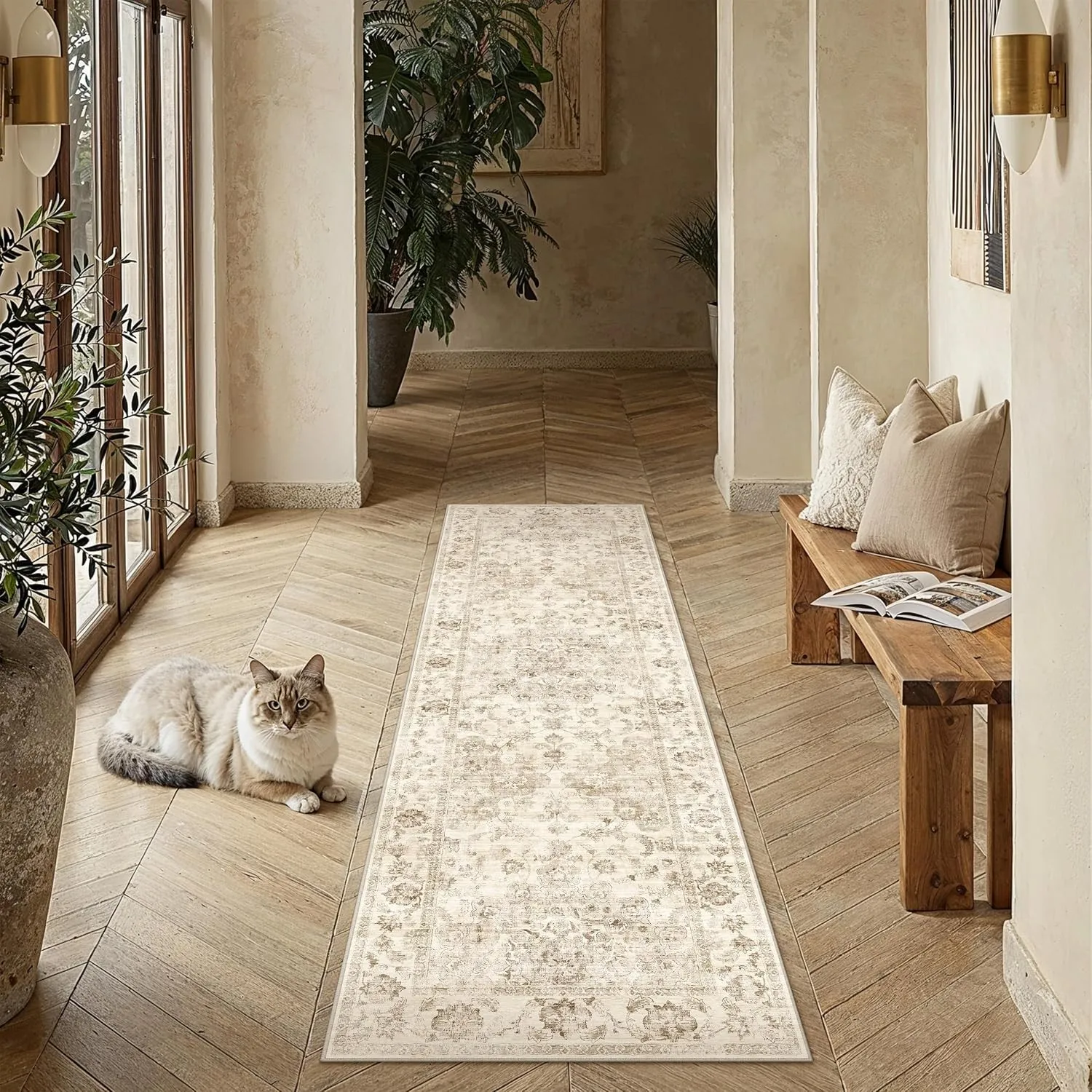 HUGEAR Vintage Teppich Läufer Flur 80x400cm Beige Waschbar