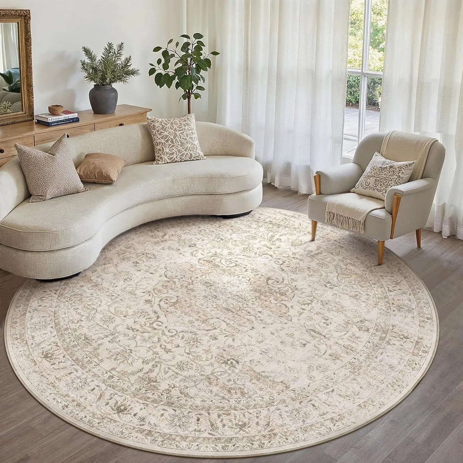 HUGEAR Vintage Teppich Rund 240cm Beige Waschbar
