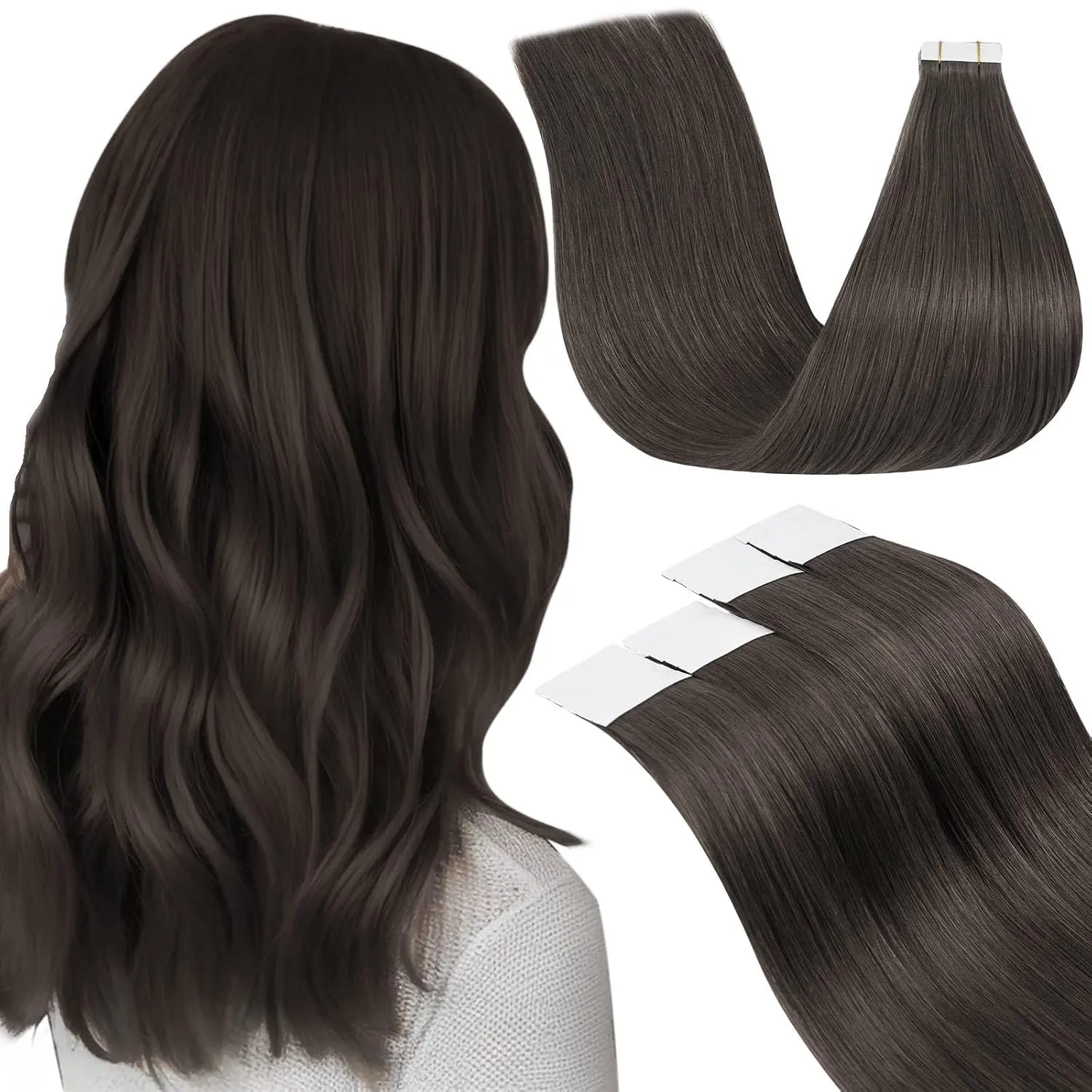 LaaVoo Invisible Tape in Extensions Echthaar Braun Tape in Extensions Mokka Braun Highlight Tape in Haarverlangerung Ec…