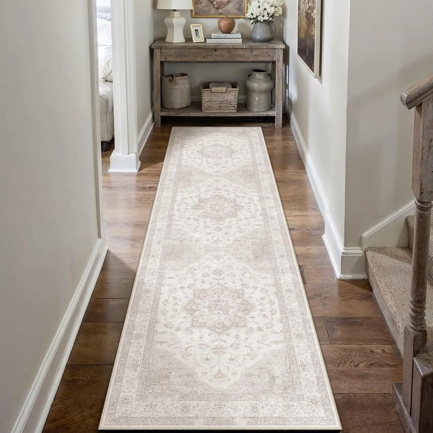 PureCozy Vintage Beige Teppich Läufer Flur 80x400cm Waschbar | Waschbarer Teppich, Weich Rutschfest, Kurzflor Boho, für…