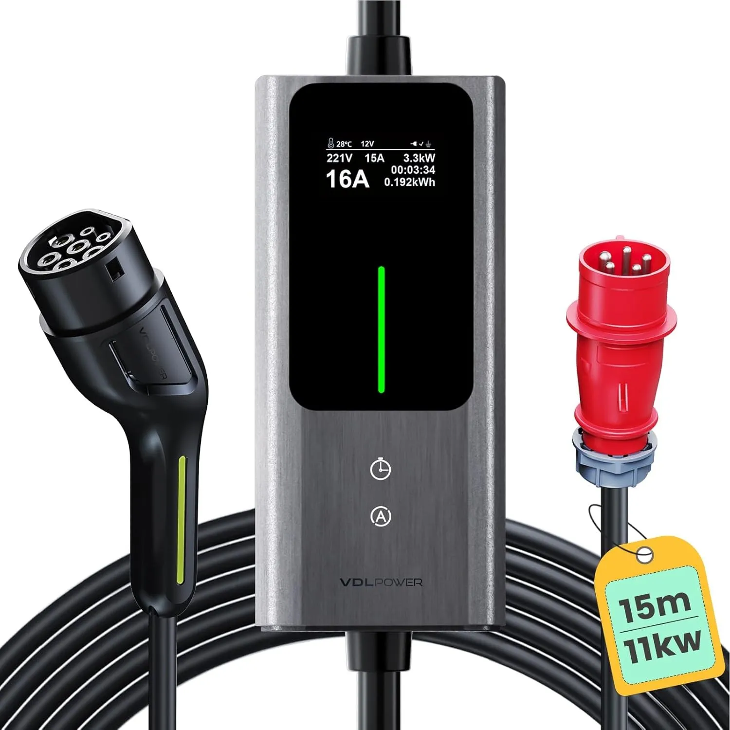 Mobile Wallbox 11kW [3-phasig|15m|6-16A] Mobile Ladestation EV Ladekabel CEE 16A auf Typ 2 und EV Ladegerät mit Einstel…