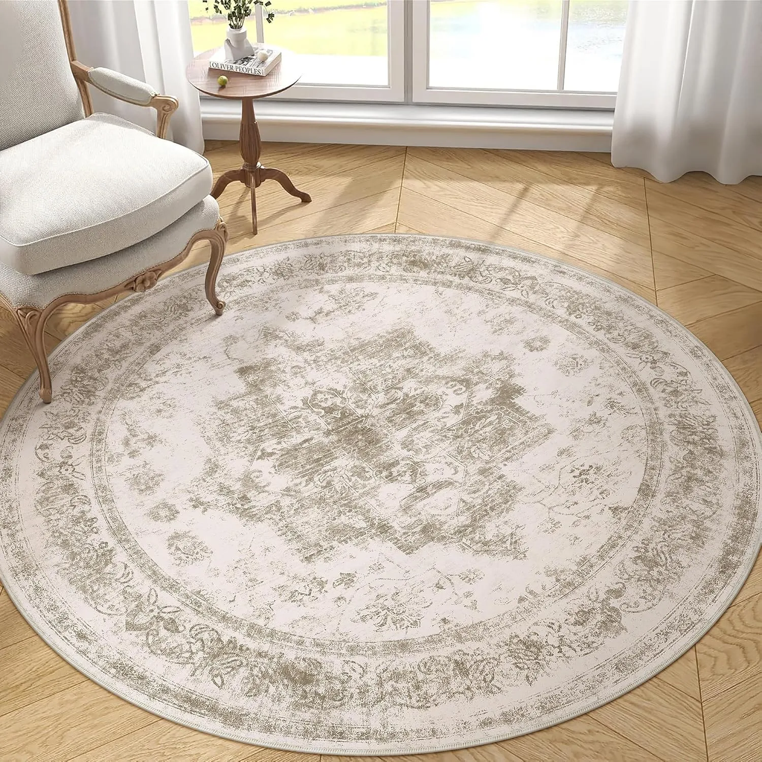 HUGEAR Vintage Waschbarer Teppich Rund 180cm Runder Wohnzimmer Beige Schlafzimmer Rutschfester Tepich Kurzflor Schlafzi…
