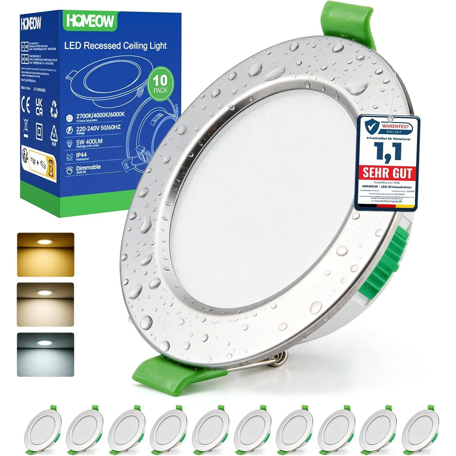 HOMEOW 10er Set Einbaustrahler LED, Spots 230V 68mm - 80mm Lochmaß, Nickel Deckenspots Deckenleuchte Warmweiß Neutralwe…