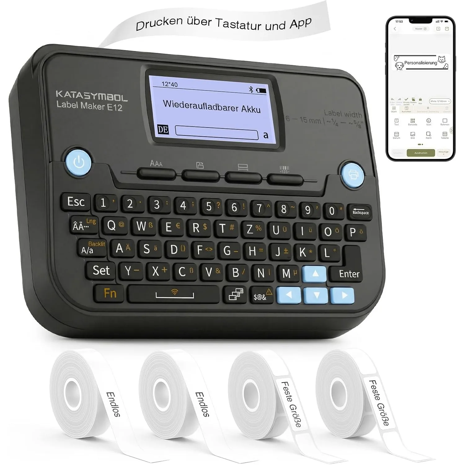 SUPVAN E12 Etikettendrucker, QWERTZ-Tastatur & Bluetooth, 4 Rolle, schwarz | 4 Rollen wasserfeste Etiketten, Wiederaufl…