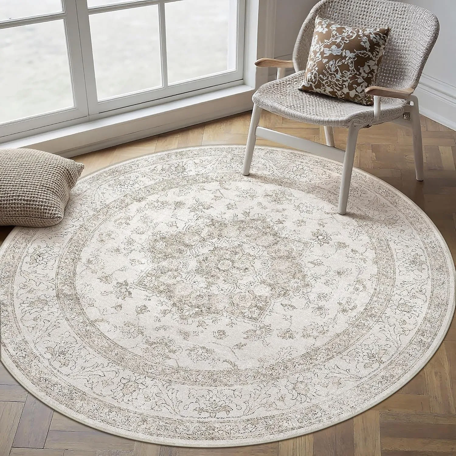 PureCozy Vintage Beige Teppich Rund 240cm Waschbar | Waschbarer Teppich, Weich Rutschfest, Kurzflor Boho, für Wohnzimme…