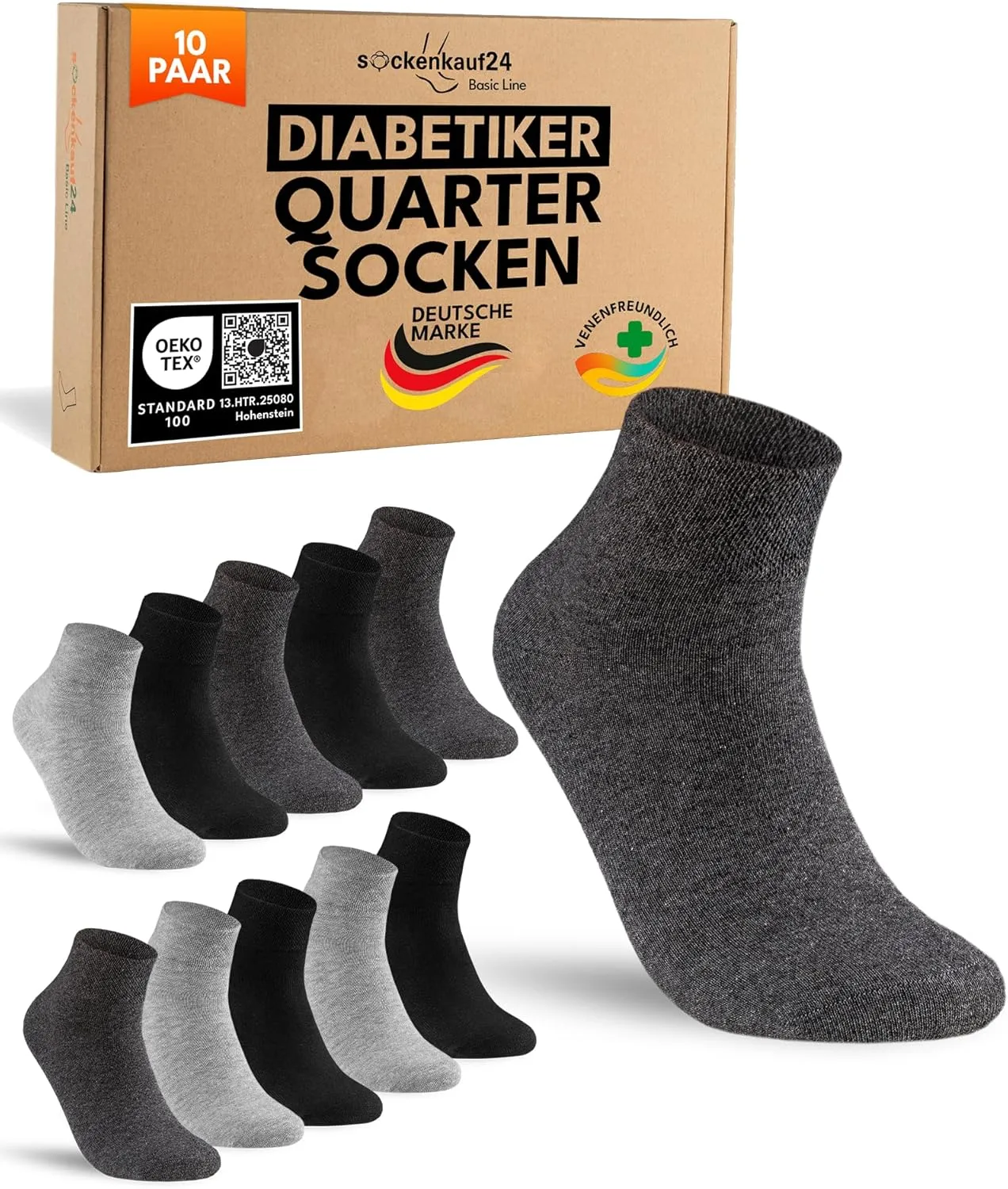 sockenkauf24 10 Paar kurze Diabetikersocken für Herren & Damen ohne Gummibund & ohne Naht Quarter Diabetiker Socken Kur…