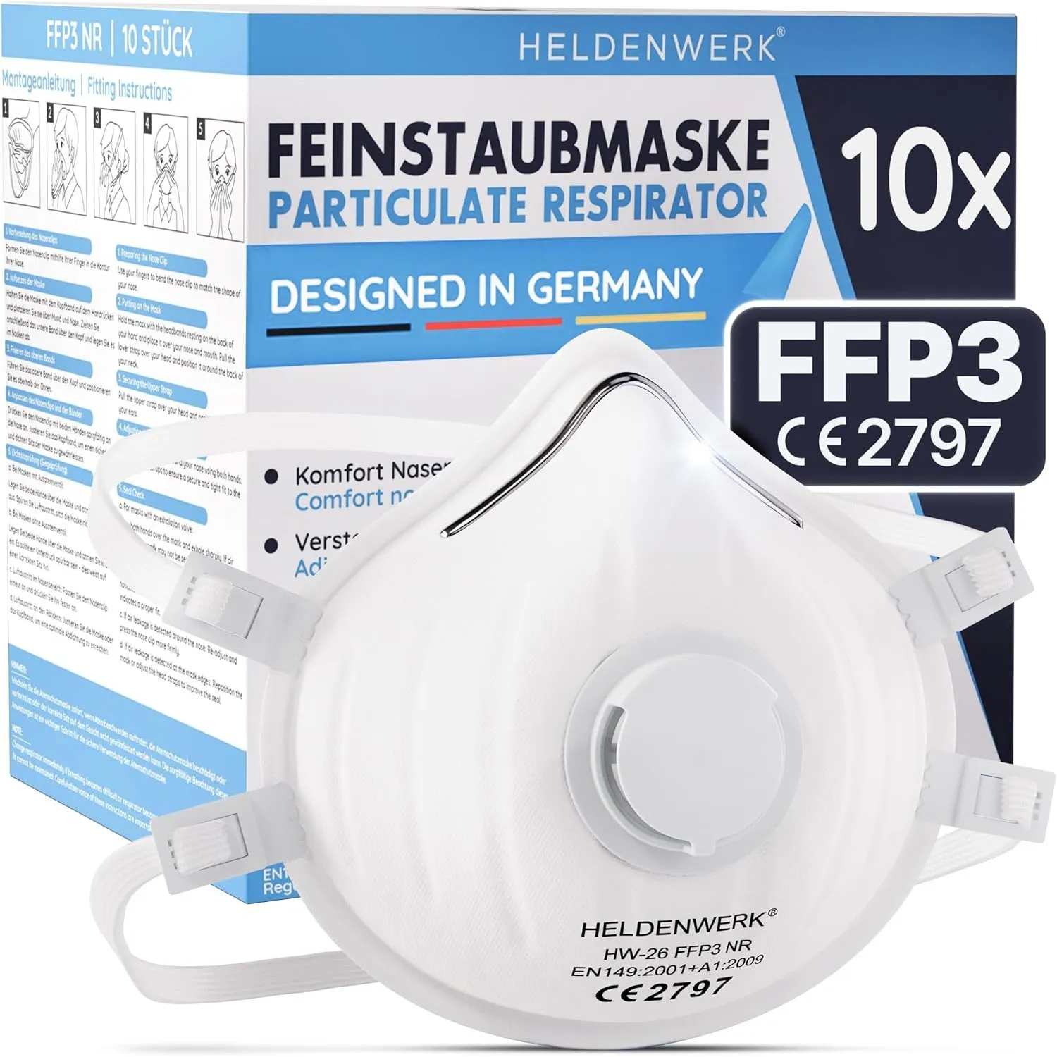 HELDENWERK® FFP3 Maske mit Ventil – 5er, 10er oder 20er Set – Atemschutzmaske/Staubschutzmaske zertifiziert Ausatemvent…