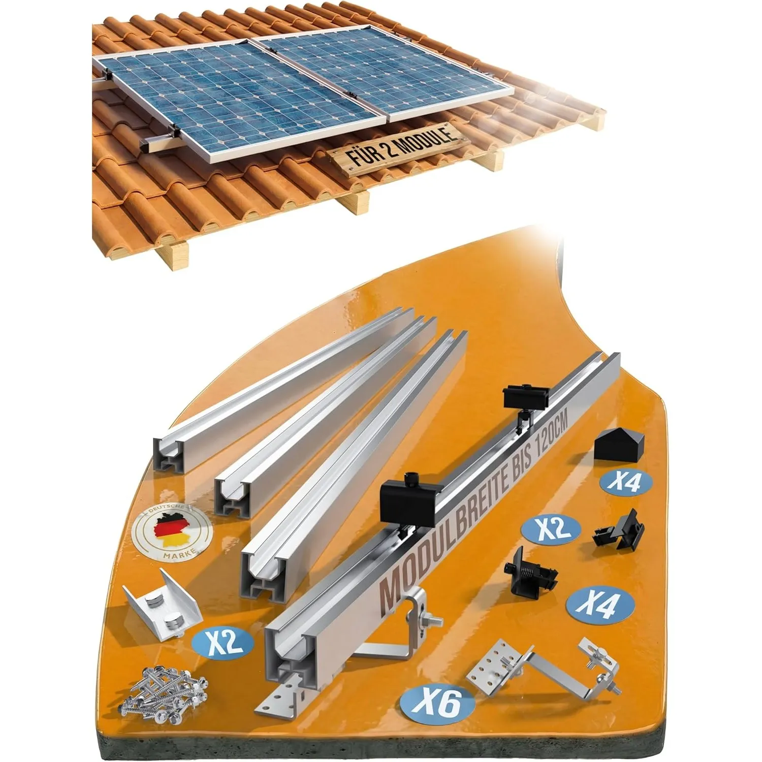 Dachhalterung Solarmodule Ziegeldach für 2x Module. Modulbreite bis 120cm Höhe 30-45mm. Edelstahl und Aluminium. Dachha…