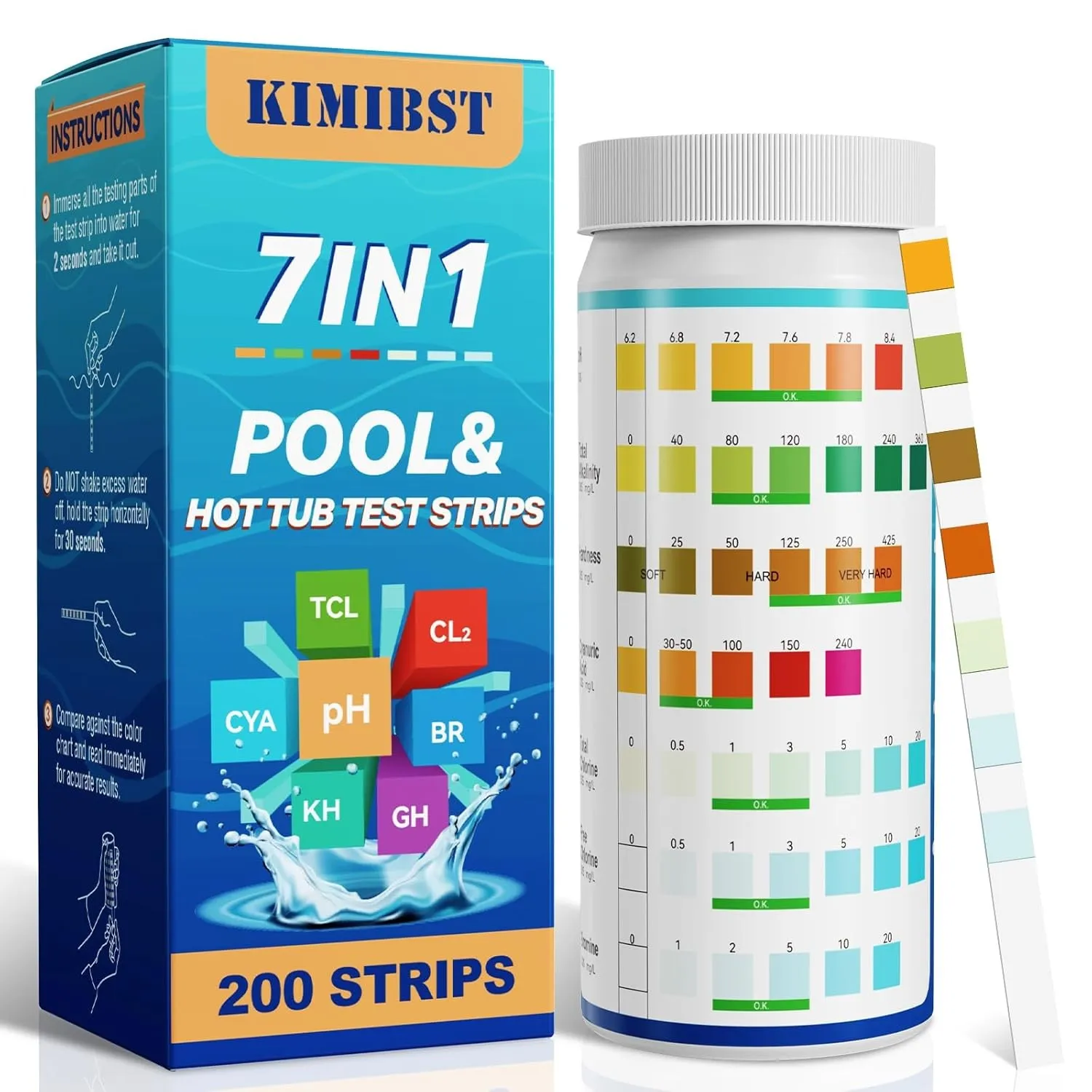 Pool-Teststreifen: 200 Stück 7-in-1 Professionelles Tester für Whirlpools und Spas zur Messung von Brom pH-Wert Gesamtc…