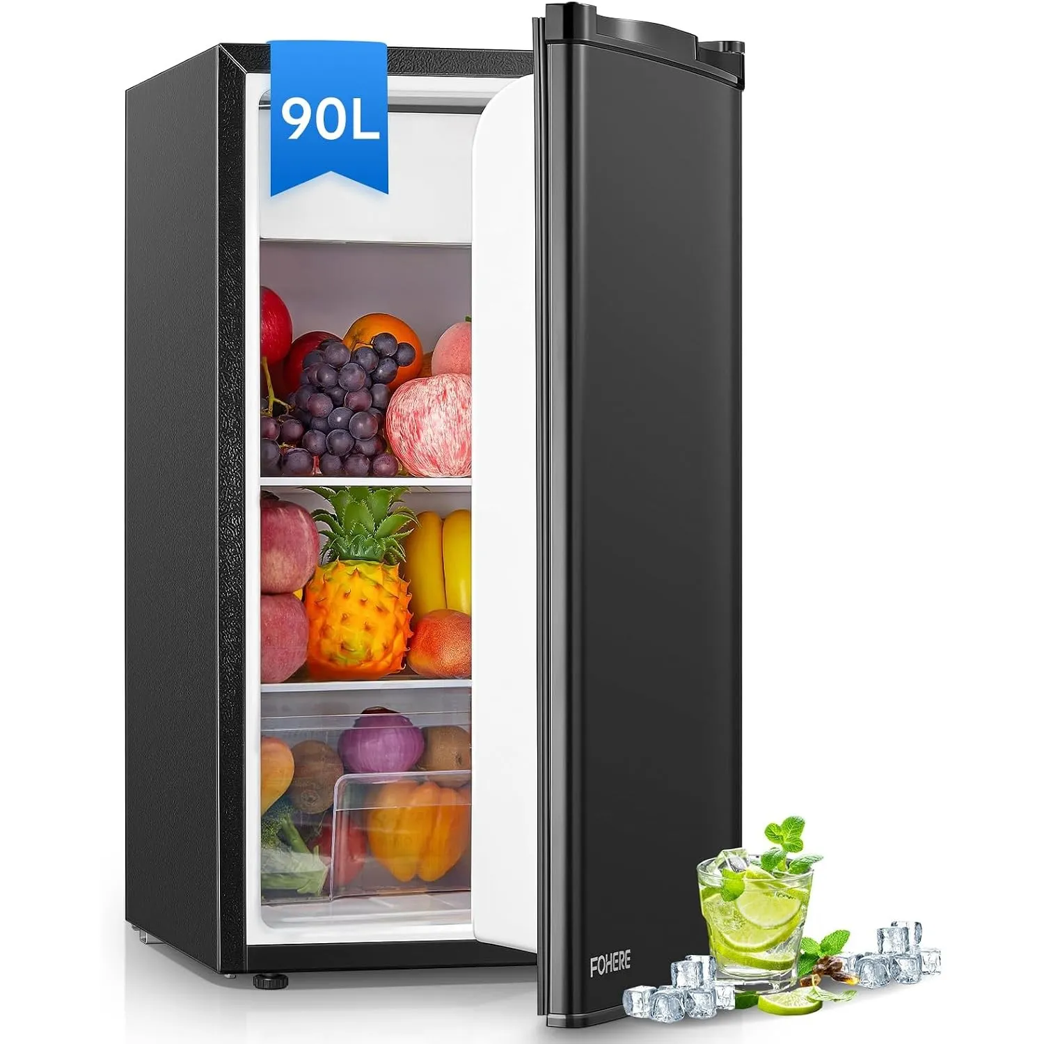 FOHERE 90L Kühlschrank mit Gefrierfach Klein & Gemüsefach | Ultra-Leiser Mini Kühlschrank für Schlafzimmer/Büro | 7-Stu…