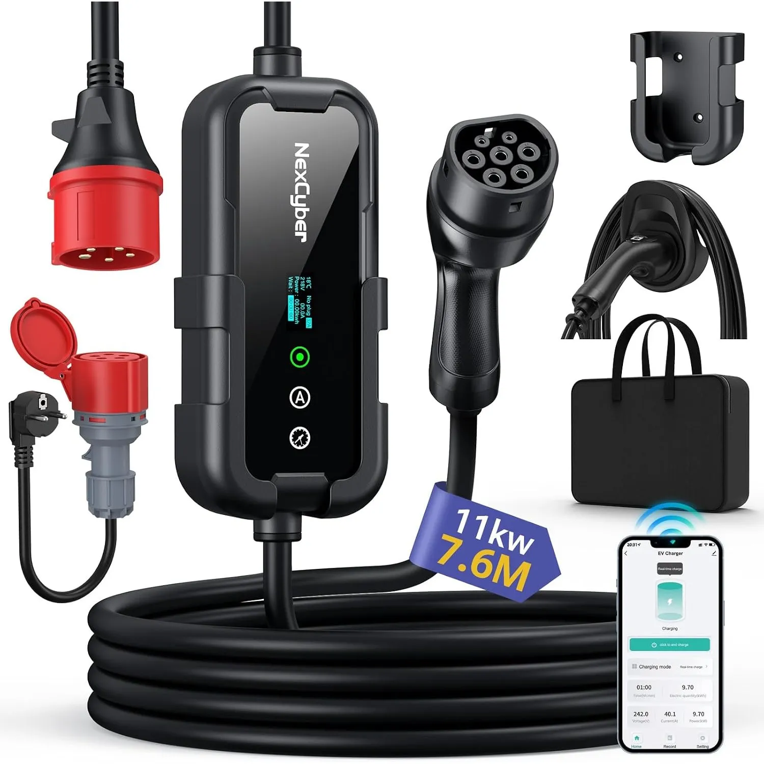 Mobile Wallbox 11kW mit App & OLED, 7,6m 3-phasig, 400V 8-16A einstellbar, IP66 Ladegerät Typ 2 mit Schuko-Adapter, Wan…
