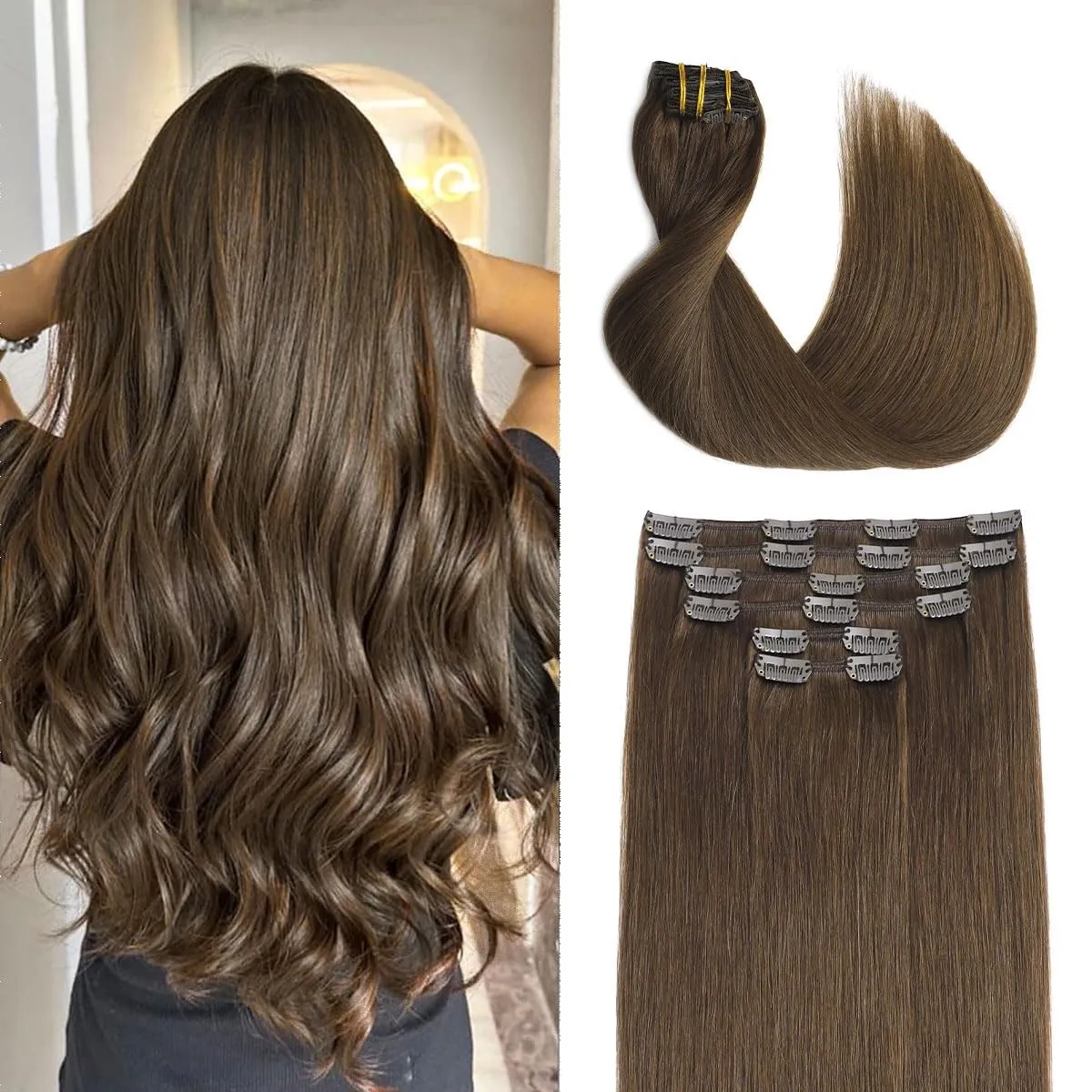 Sindra Echthaar Extensions Clip Haarextension Echthaar Braun 40cm | Haar Extensions Echthaar, 6 Stück 100g, Invisible, …