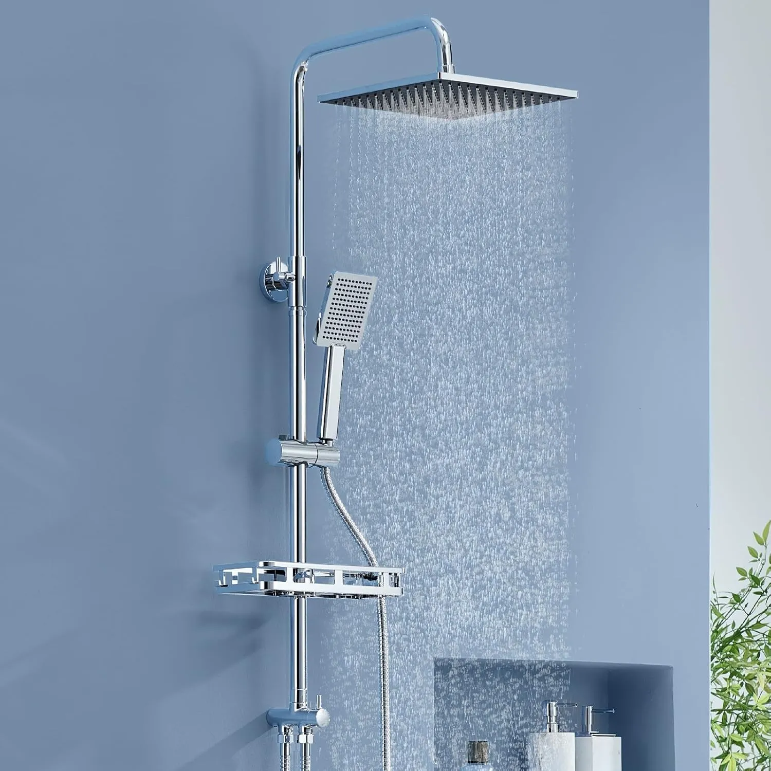 Auralum Regendusche ohne Duscharmatur, Edelstahl Duschsystem mit Bohrfree-ablage, Dusche Komplettset mit Messing-Wasser…