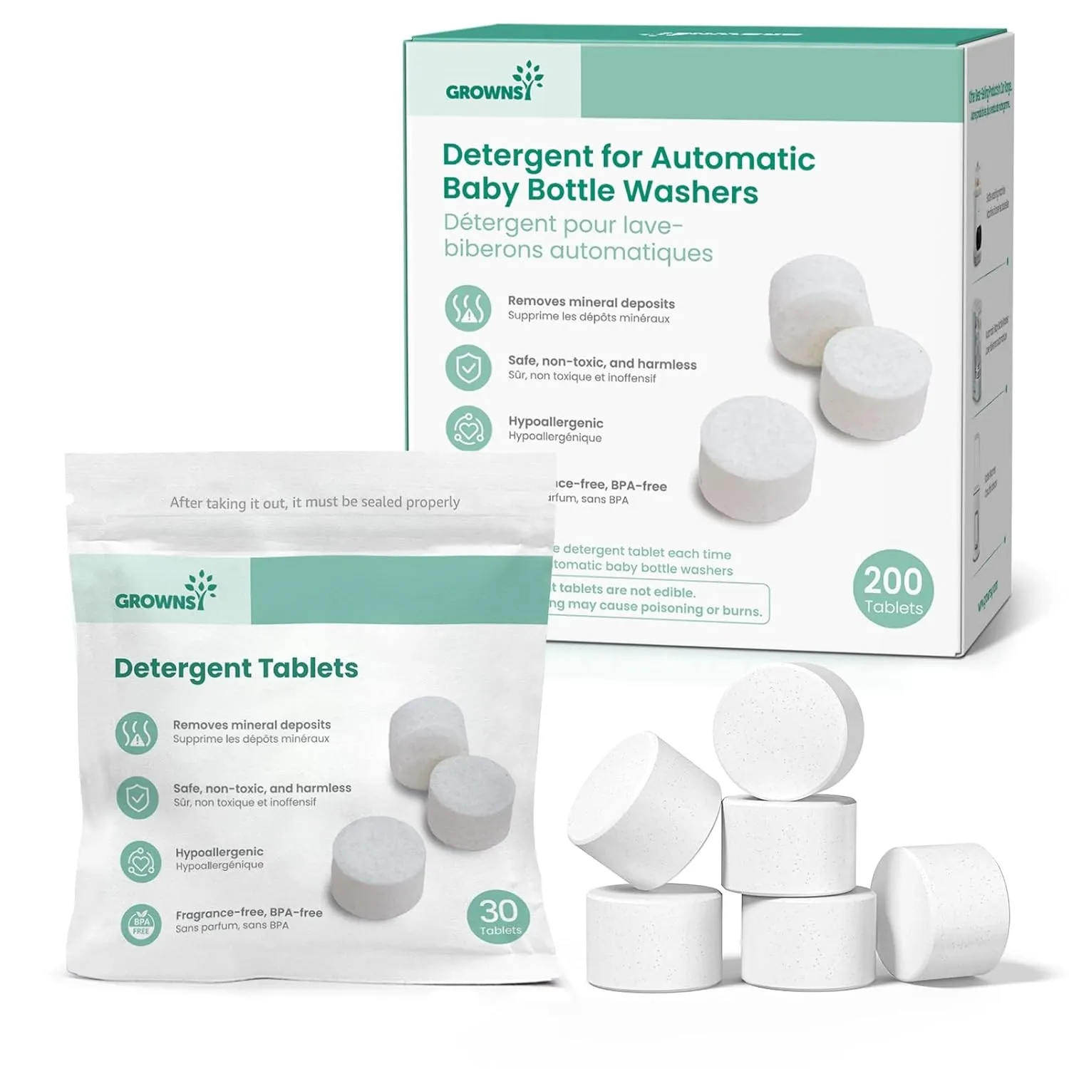 Grownsy 200 Stück Babyflaschen Reinigungstabletten für Momcozy, Baby Brezza Baby Bottle Washer, Waschtabletten Babyflas…
