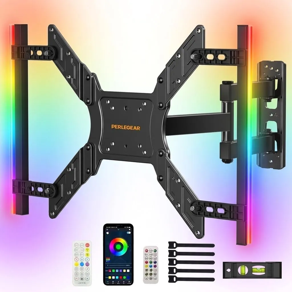 Perlegear Voll-bewegliche TV Wandhalterung mit LED-Lichtern für 25″-65″ TV 45kg, TV Halterung mit Neigung/Drehung/Verlä…