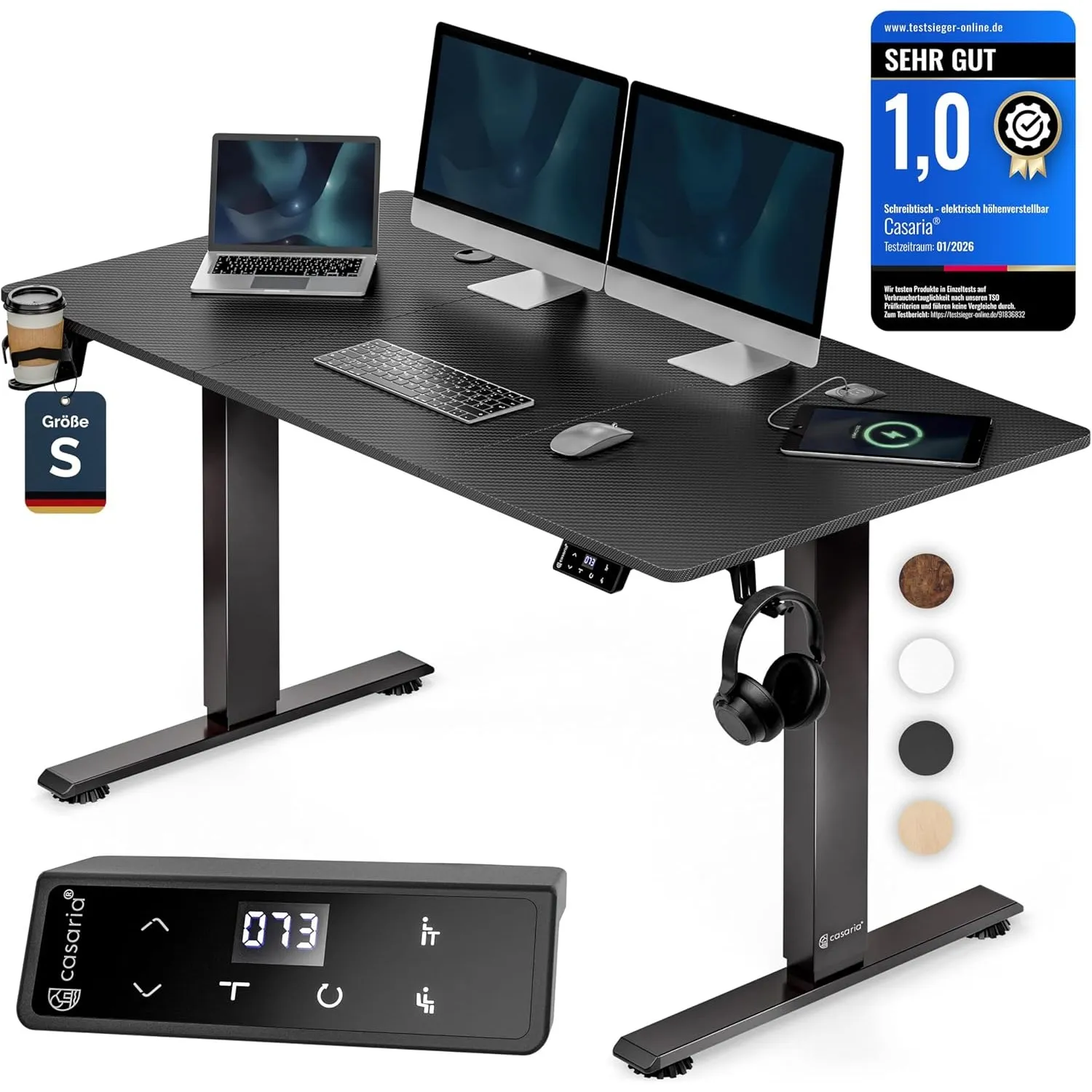 CASARIA® Höhenverstellbarer Schreibtisch elektrisch 120 x 60 cm mit Wireless Charger & USB-C/A Anschluss LCD-Display Me…