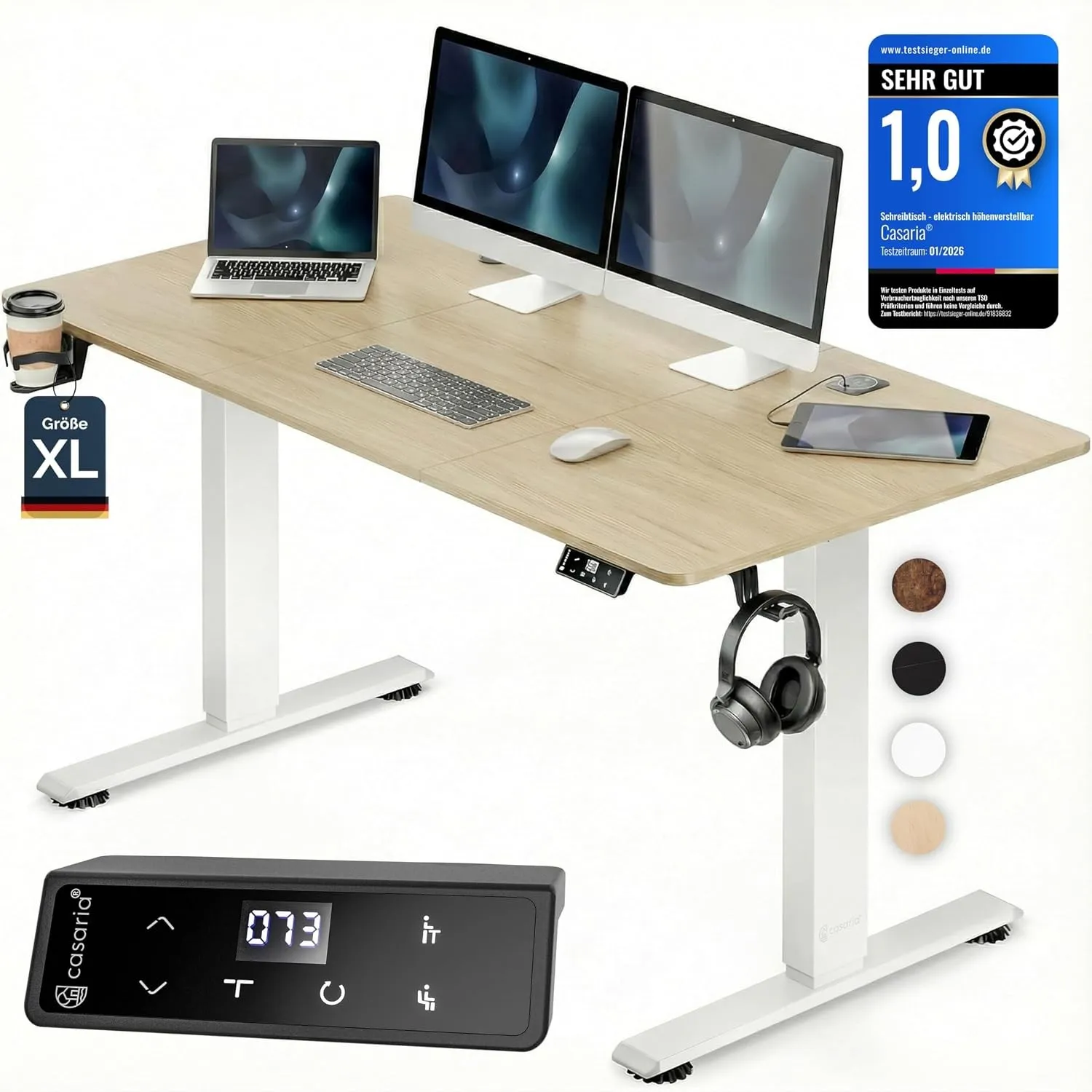 CASARIA® Höhenverstellbarer Schreibtisch elektrisch 160 x 70 cm mit Wireless Charger & USB-C/A Anschluss LCD-Display Me…