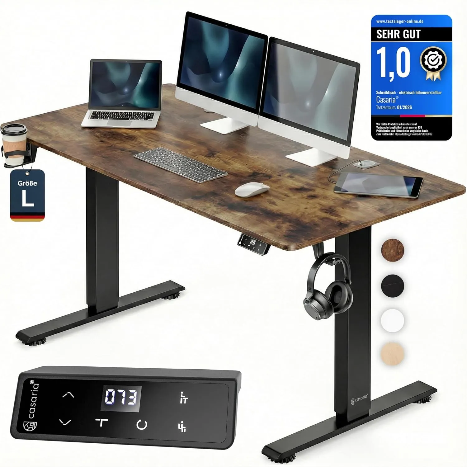 CASARIA® Höhenverstellbarer Schreibtisch elektrisch 140 x 70 cm mit Wireless Charger & USB-C/A Anschluss LCD-Display Me…