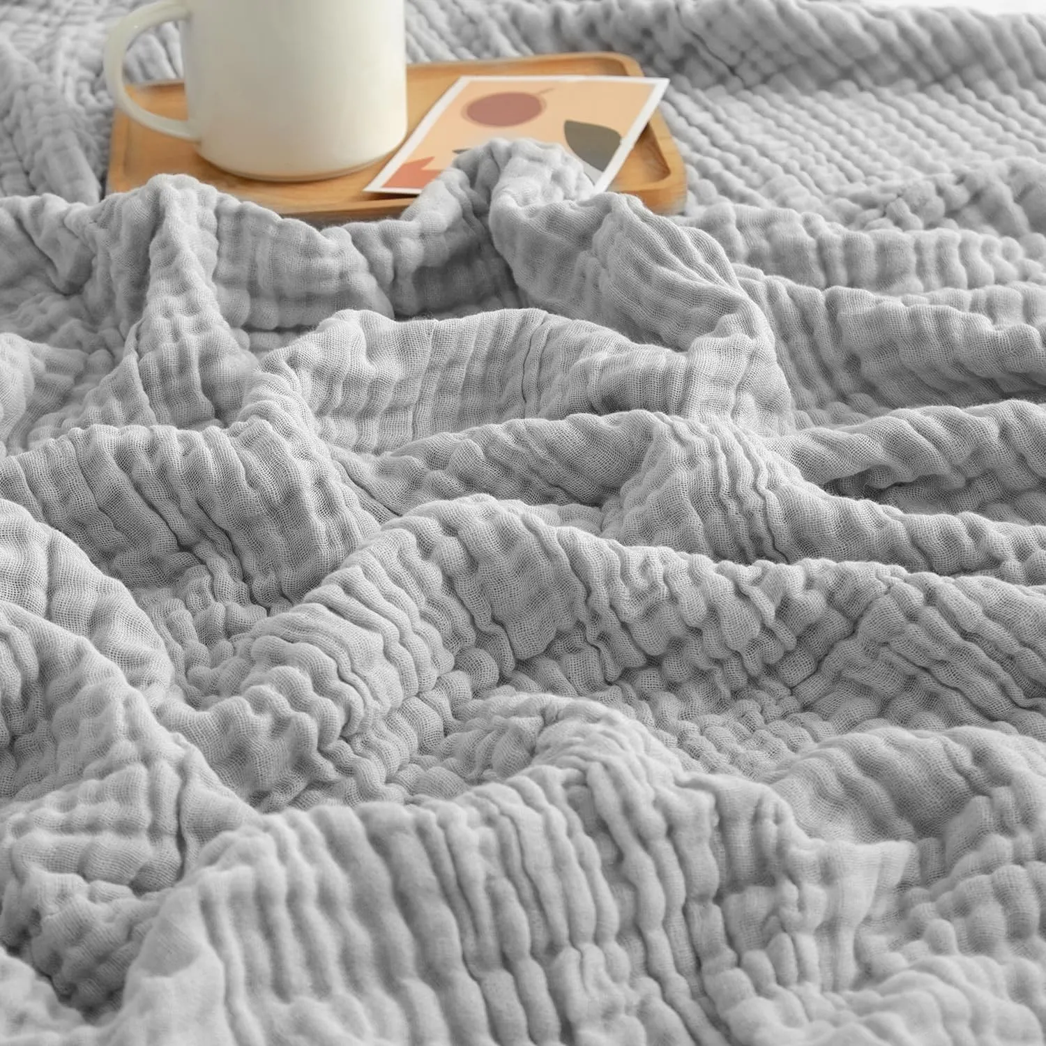 EMME Musselin-Decke Erwachsene 100% Baumwolle, 230 x 230 cm Melange Hellgrau Sommer-Überwurf Decken für Couch, atmungsa…