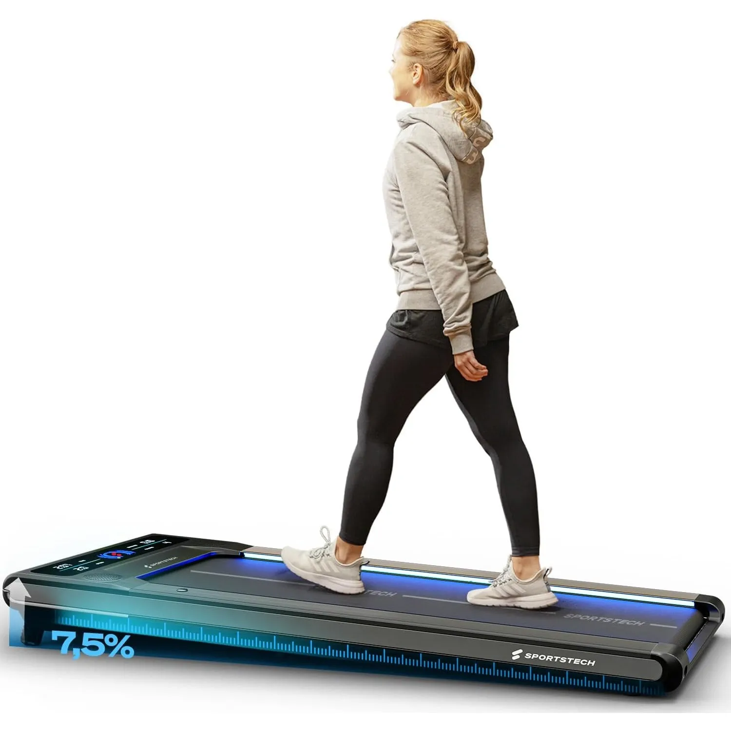 Sportstech Walking Pad mit Steigung, 150 kg belastbar, 8 km/h, Under Desk, Laufband für Zuhause Schreibtisch mit LED-Be…