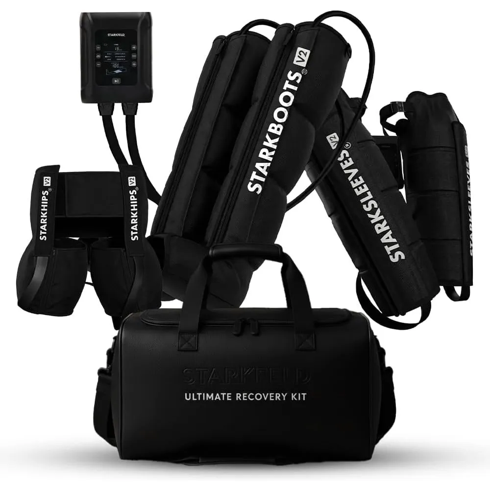STARKBOOTS® V2 Ultimate Recovery Kit – Komplettes Kompressionssystem | BOOTS + SLEEVES + HIPS + Premium Ledertragetasch…