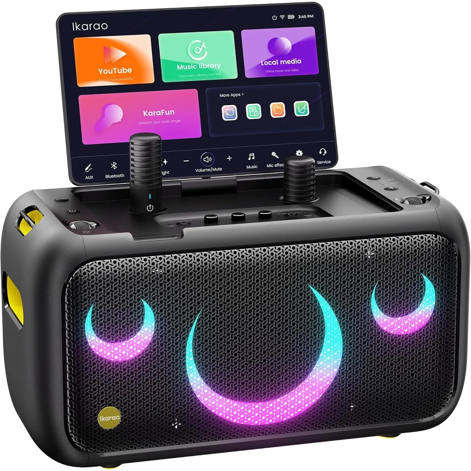Ikarao Break X1 Karaoke Maschine mit Textanzeige 13.3 Zoll Bildschirm 2 kabellose Mikrofone versteckt und selbstladend …