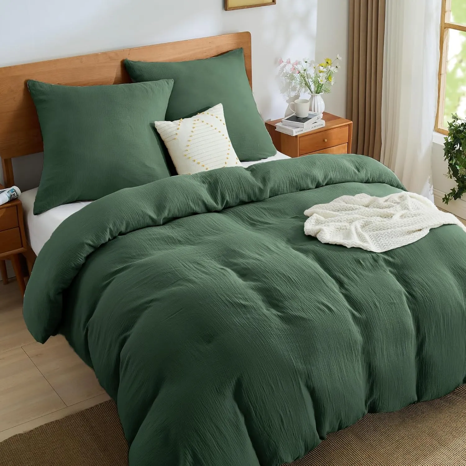BEDELITE Muslin Bed Linen 200 x 200 cm Cotton - Oeko-Tex Bed Linen Sets Green 3-Piece with Zip, Duvet Cover Dark Green …