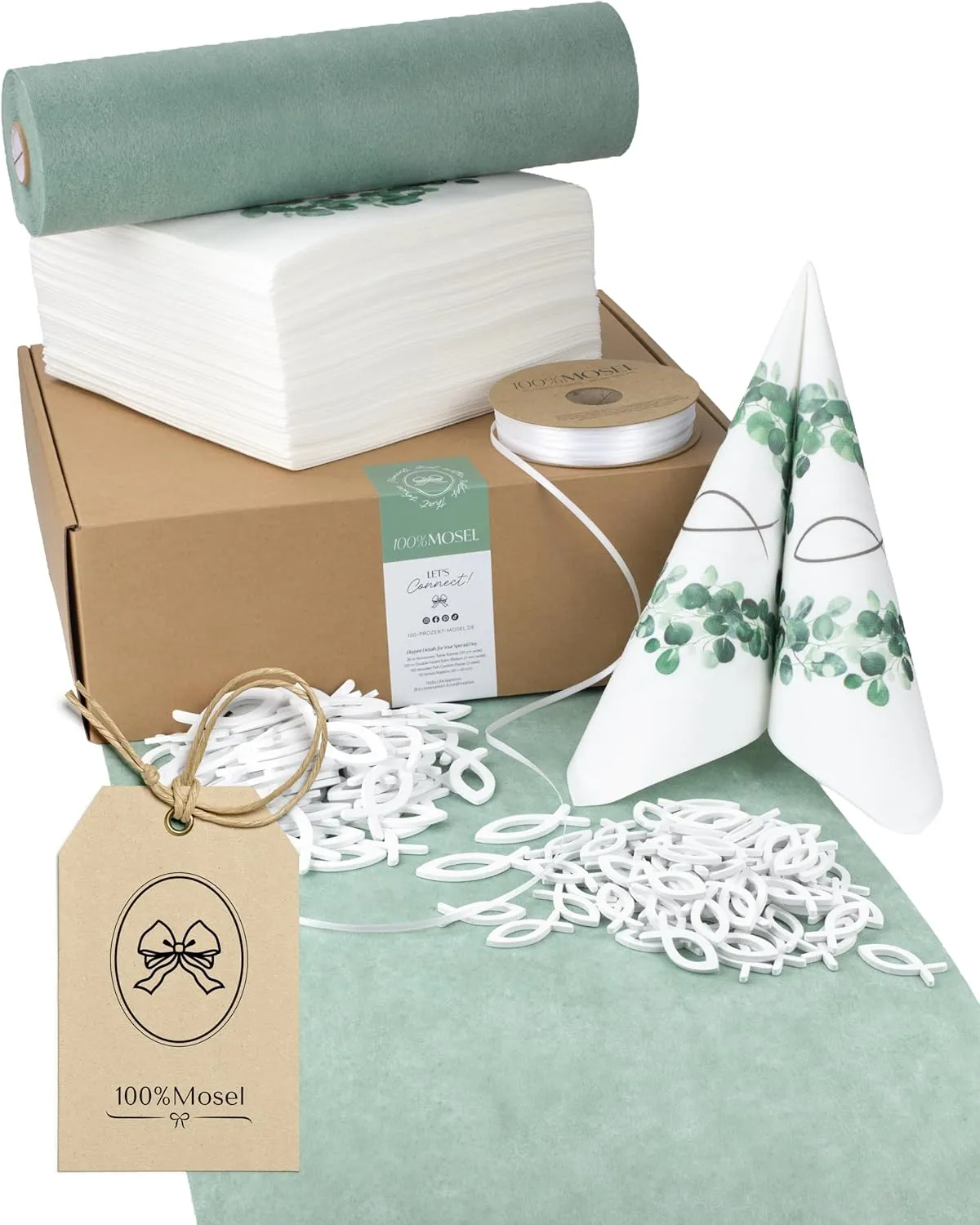 100%Mosel Tischdeko-Set – Eukalyptuskranz & Fisch (25–50 Gäste) – Komplettset für Kommunion & Konfirmation mit Vlies Ti…