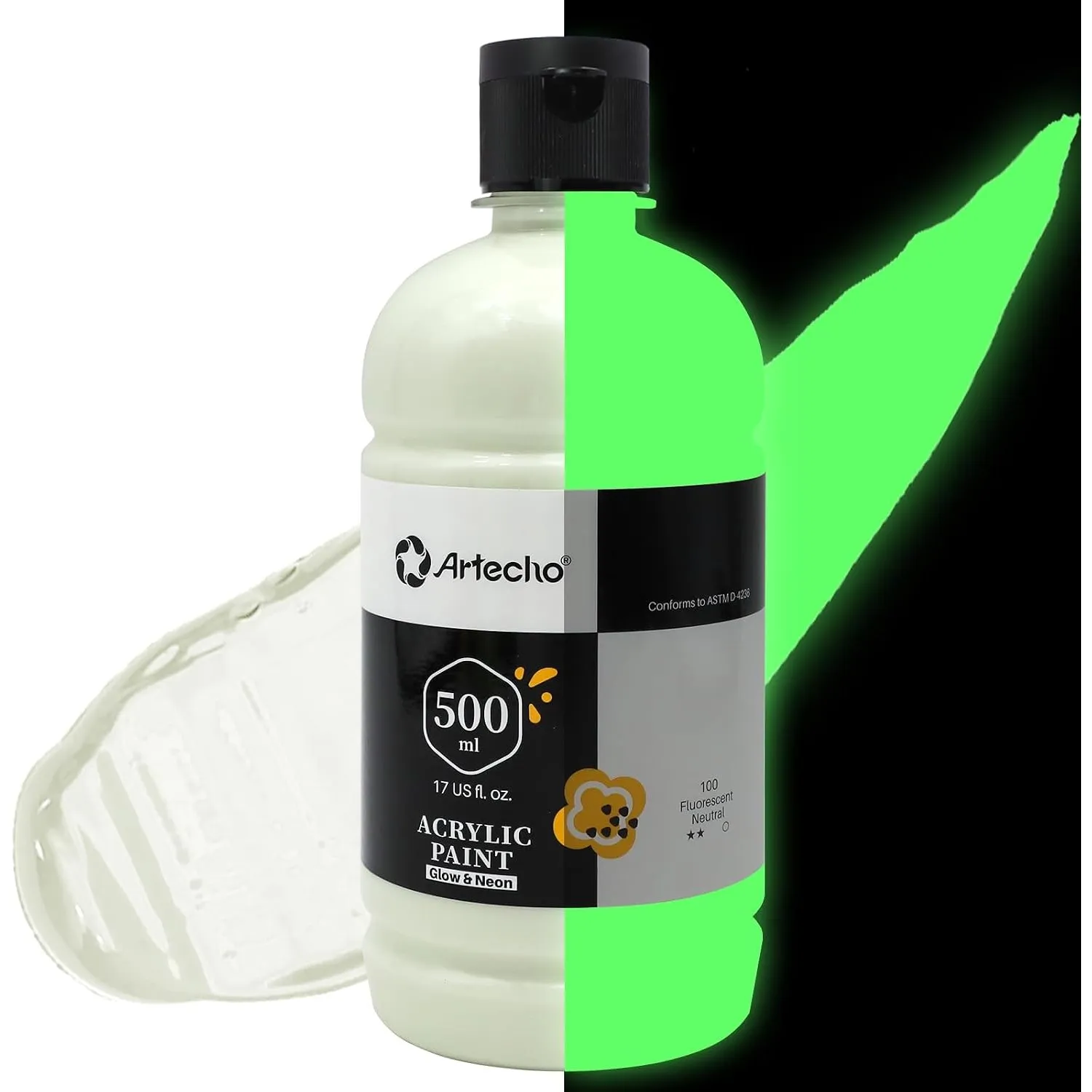 Artecho Neutral Nachleuchtende Acrylfarbe Große Flasche 500ml / 17oz, Bastelfarbe für Kürbis, Leinwand, Steine, Holz, S…