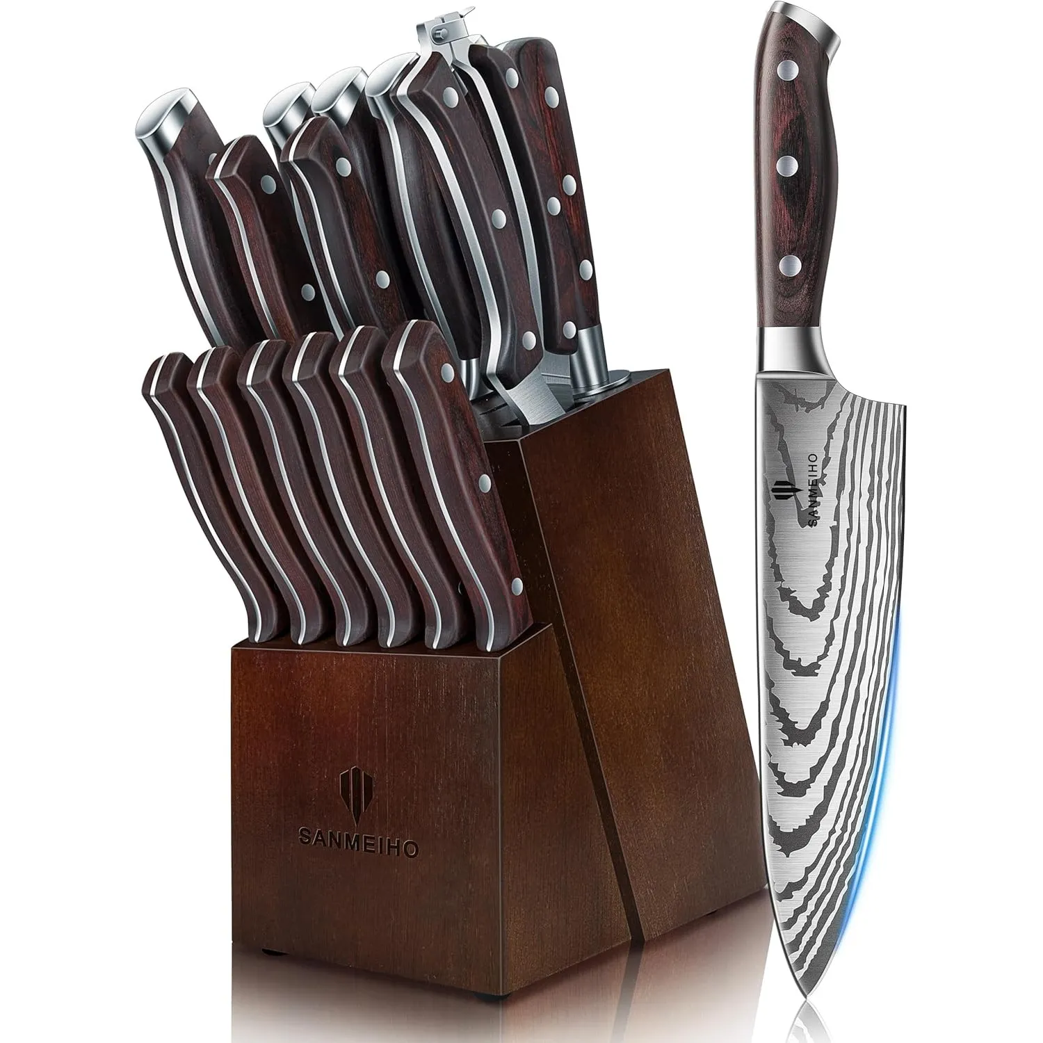 SANMEIHO Messerset 16 teilig, Japanisches Küchenmesser Set mit Block | Ultrascharfes Messerset für die Küche mit Block,…