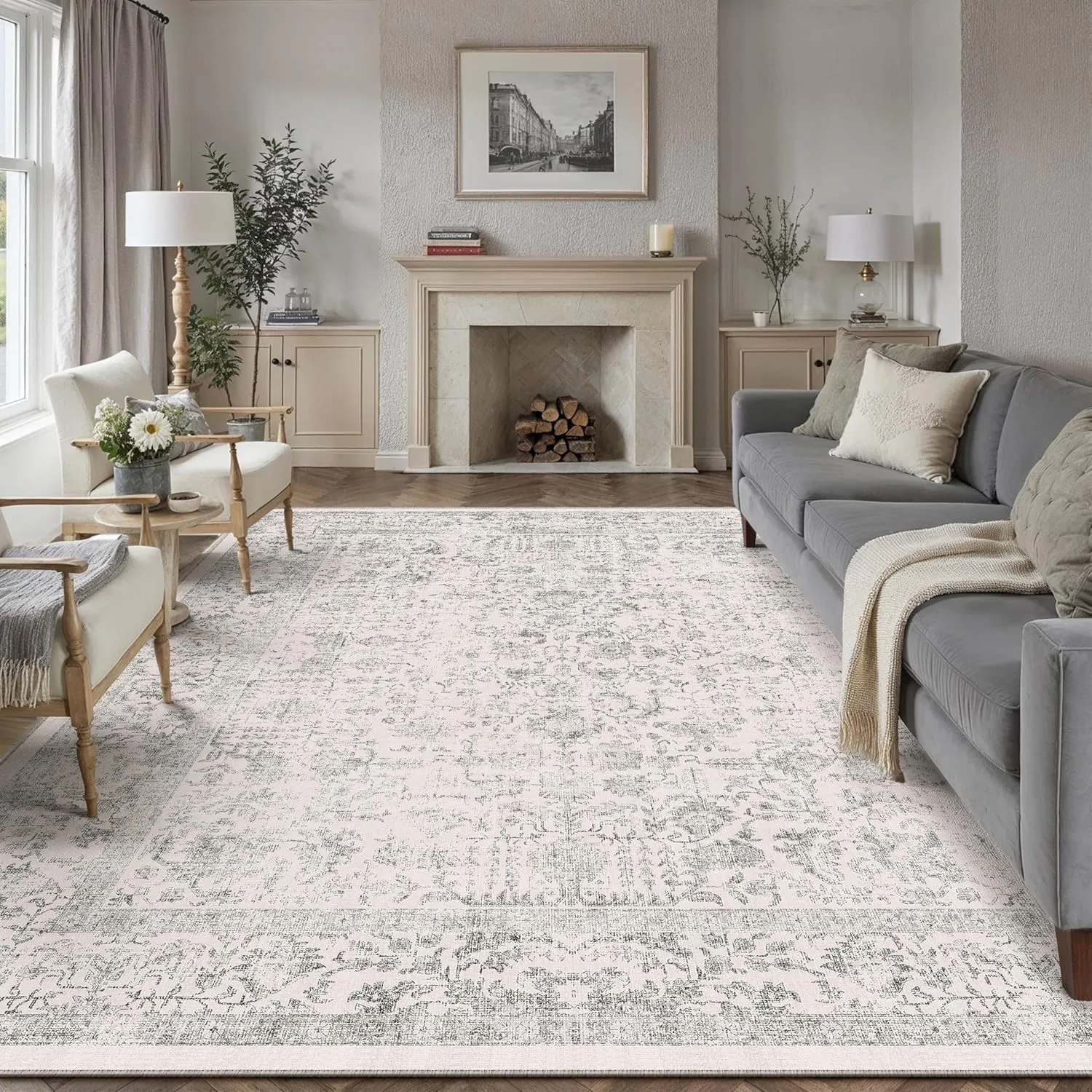 HUGEAR Vintage Teppich Wohnzimmer 240x300cm Indoor Schlafzimmer Carpet Grau Waschbar Retro Akzent Werfen Teppich Distre…