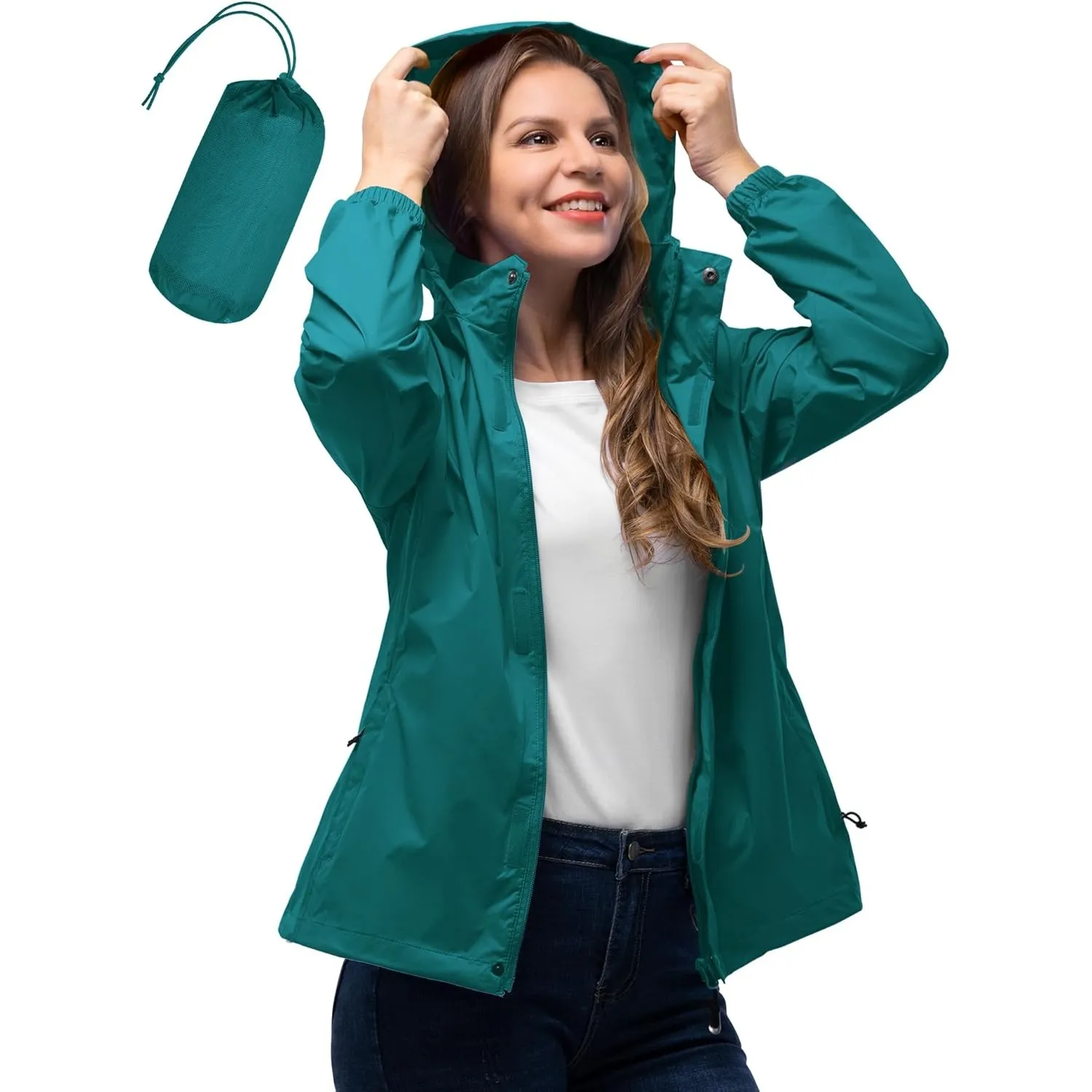 33,000ft Damen Wasserdichte Faltbar Regenjacke mit Kapuze, Leicht Atmungsaktive Windbreaker Jacke, Fahrradjacke für Fra…