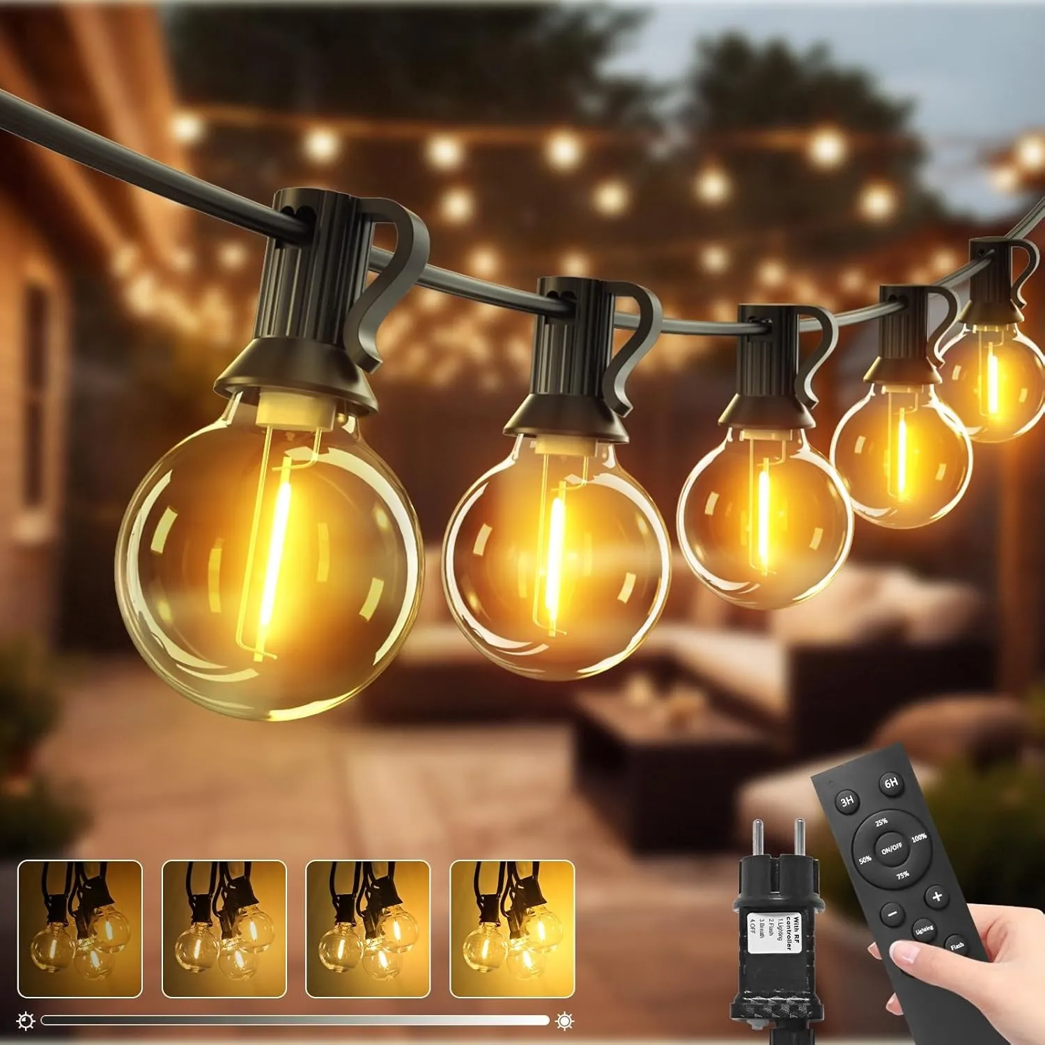 btfarm Lichterkette Outdoor 10M mit Fernbedienung, Lichterkette Außen Strom | Dimmbar & Timer, Wetterfest 14+1 LED G40 …