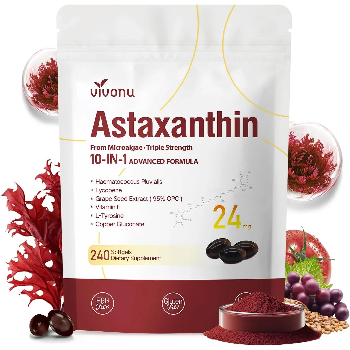 VivoNu Astaxanthin 24mg 240 Weichkapseln – Aus Haematococcus Pluvialis-Mikroalgen gewonnen – Gentechnikfrei und Glutenf…