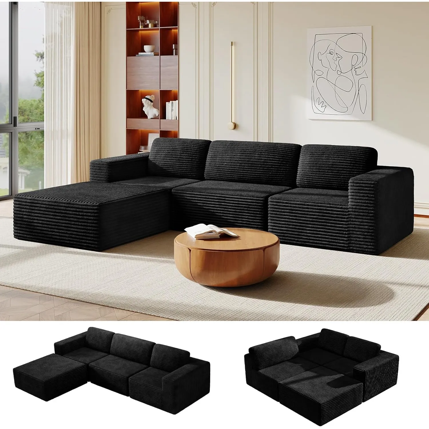 Vesgantti 303 cm Groß Modulares L-förmiges Ecksofa mit Schlaffunktion, 3‑Sitzer Cordsofa mit Federkern, Extra Tiefe Sit…