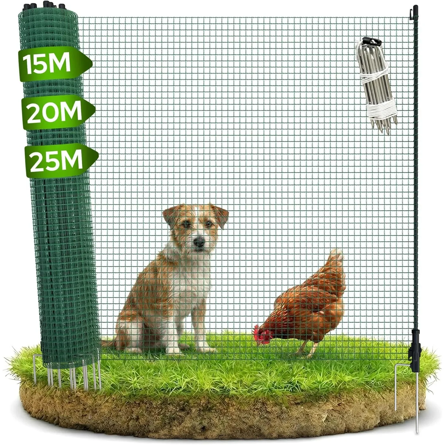 Arebos Mobiler Begrenzungszaun 25 m | Flexibler Gartenzaun 90 cm hoch | Absperrnetz mit 15 Pfosten | für Hunde, Hühner …