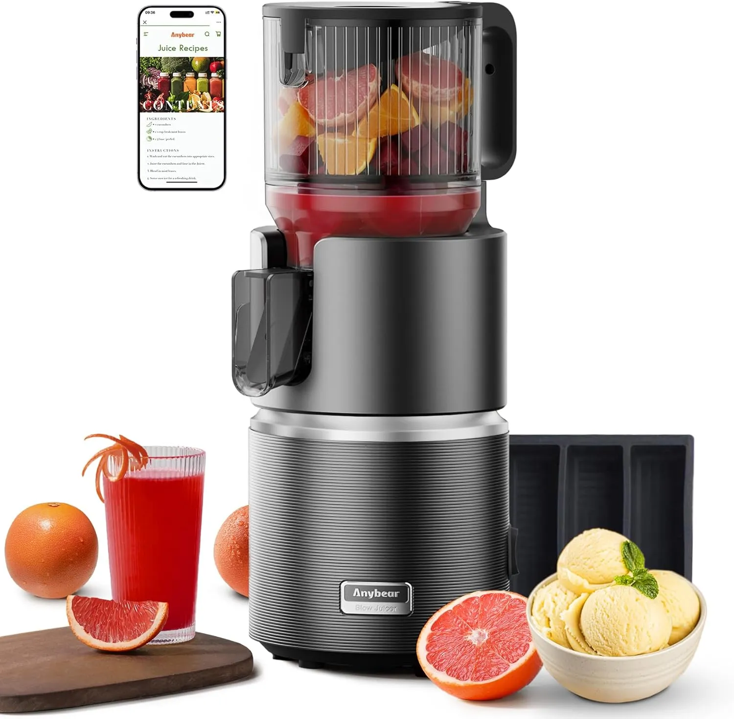Anybear 350W Entsafter mit 124 mm Einfüllschacht Slow Juicer mit Doppel-Zerkleinerungstechnologie für Ganze Früchte & G…