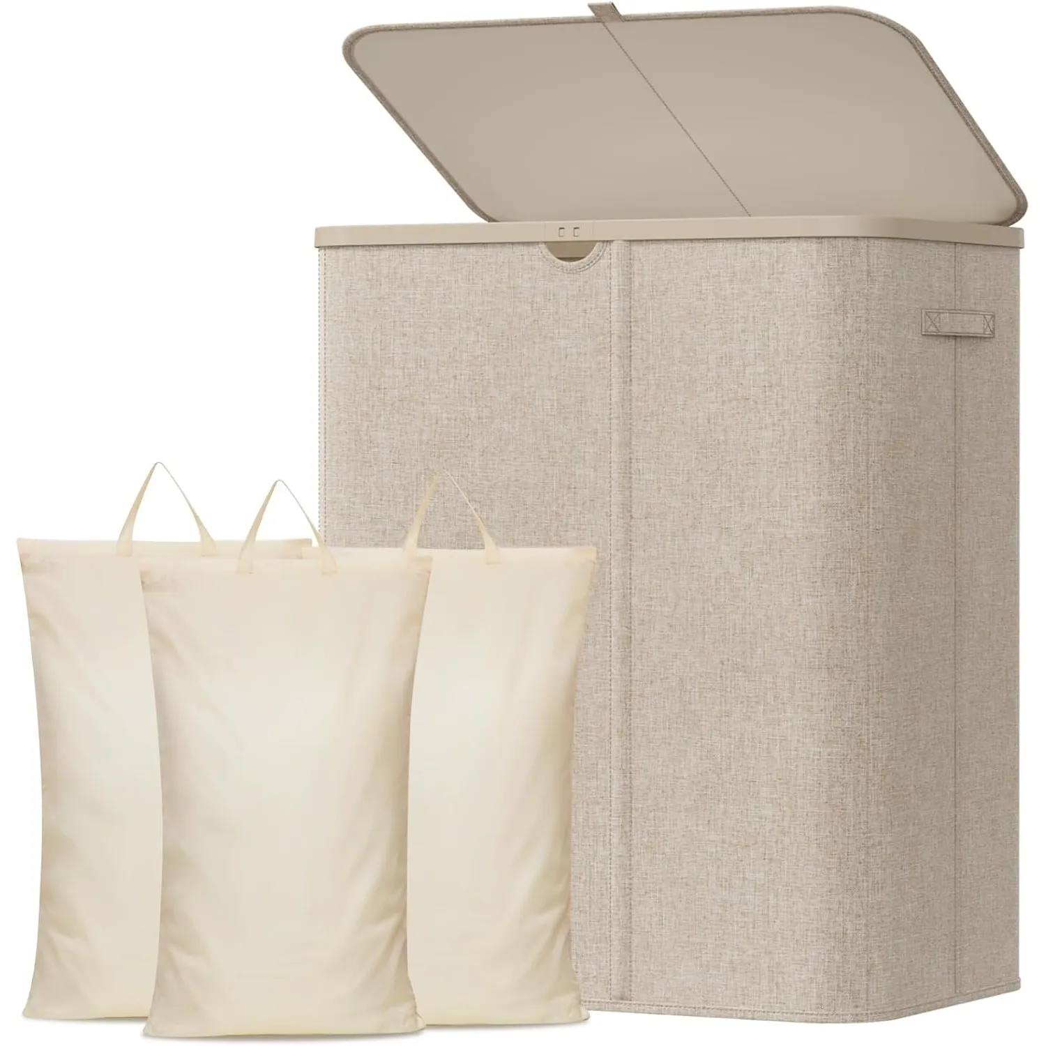 Lifewit 185L Wäschekorb mit Deckel und 3 Fächern, Beige