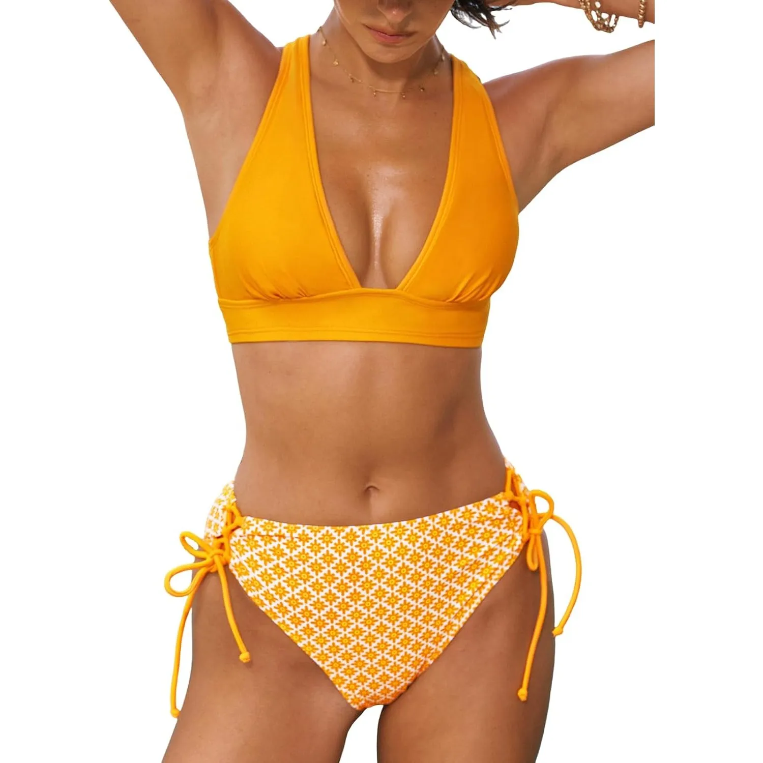 CUPSHE Bikini Damen Set V Ausschnitt Schnürung Rückenkreuz Low Waist | Schnürdesign, Gekreuzter Rücken, Niedriger Bund,…
