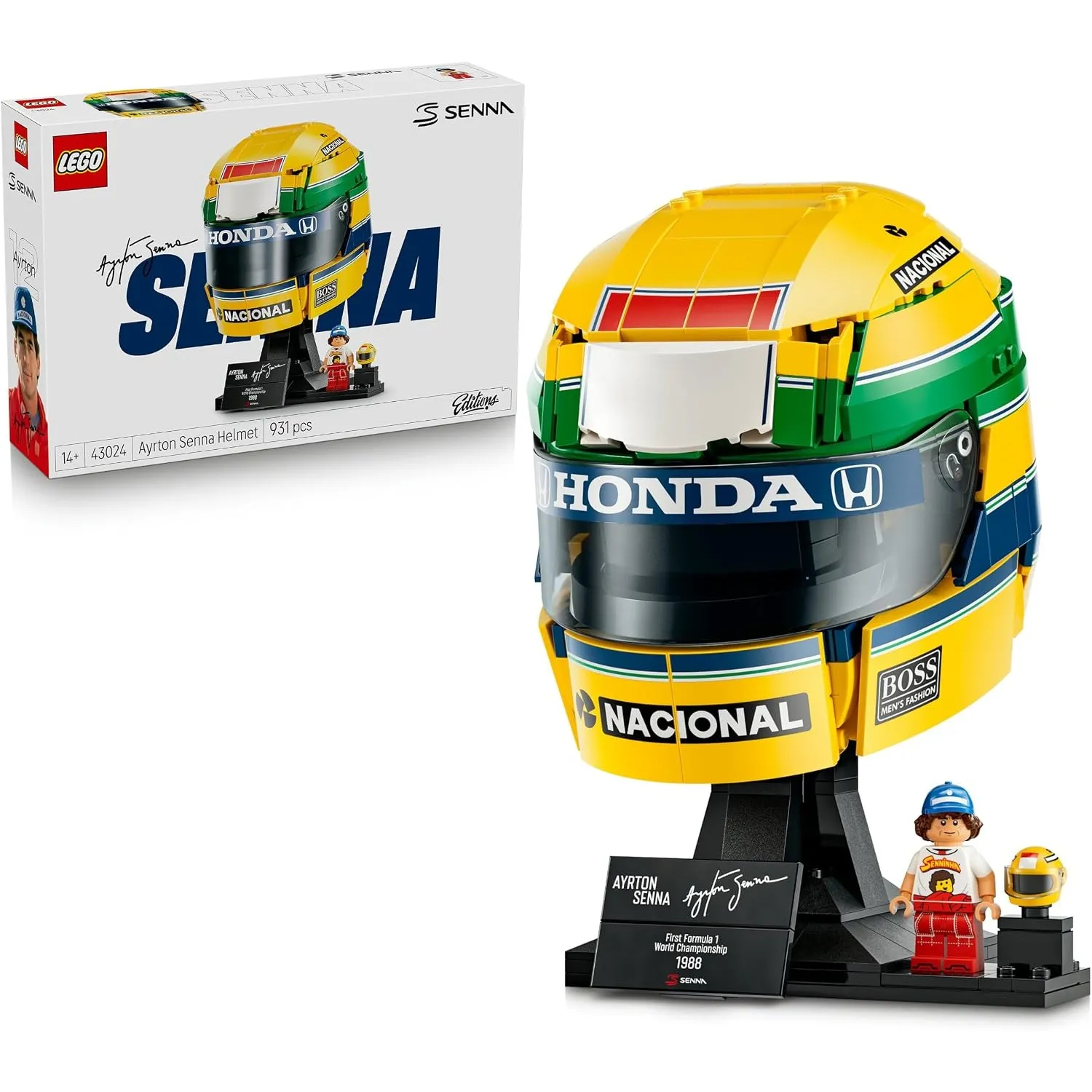 LEGO Editions Ayrton Senna Helm - Formel 1 Fanartikel - Rennhelm Modellbau zum Ausstellen mit Sammelbarer Minifigur - G…