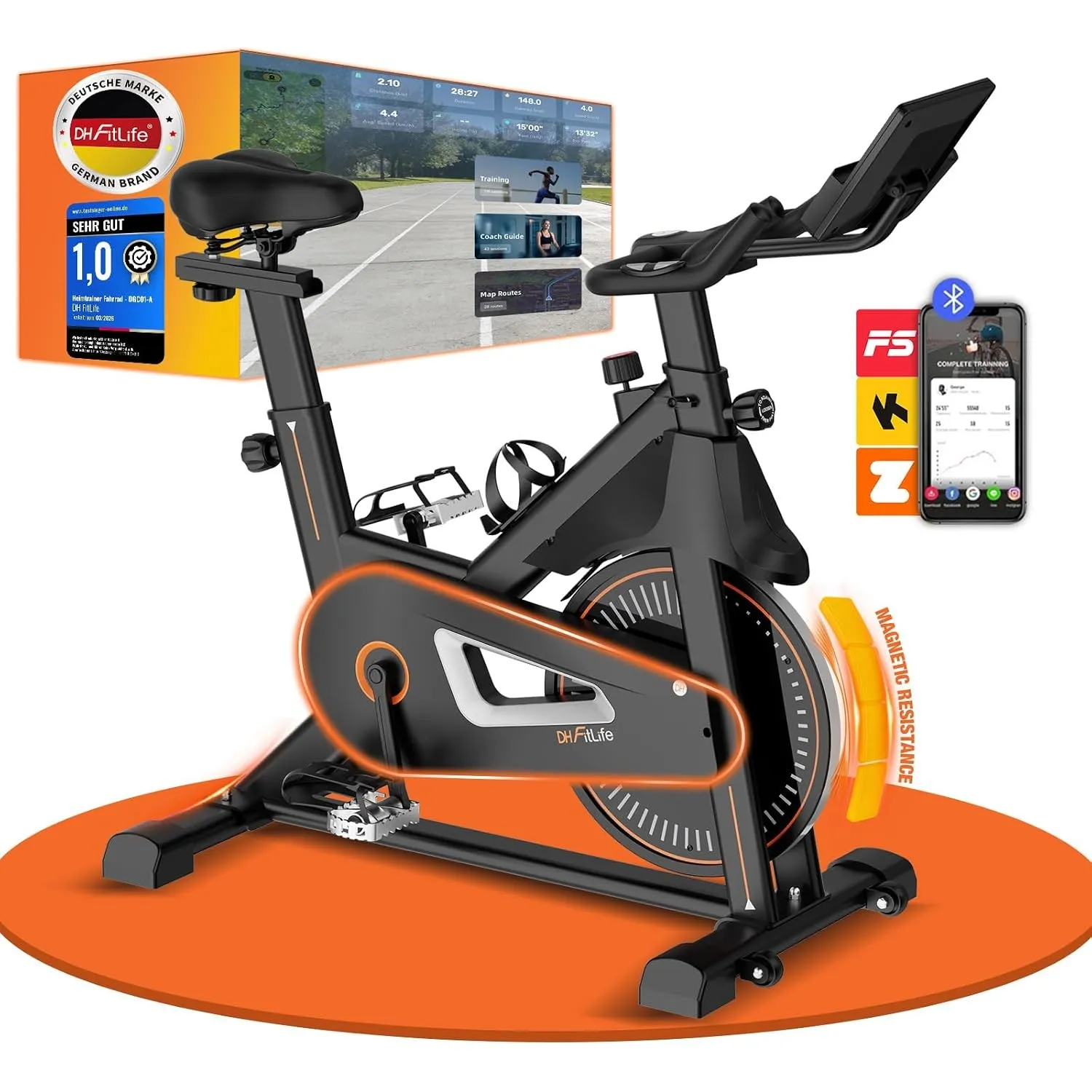 DH FitLife Heimtrainer Fahrrad Ergometer mit Pulssensor, App & LED Display