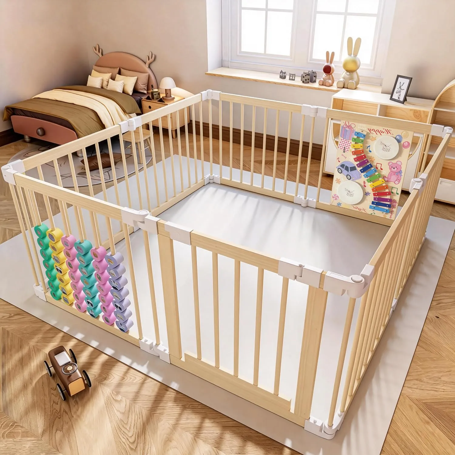 Laufstall Baby mit Spielzeug - Faltbares Laufgitter Baby aus Holz mit Tür & Sicherheitsverschluss, individuell formbare…
