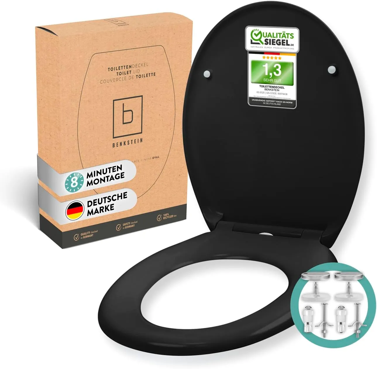BENKSTEIN Premium Toilet Lid Antibacterial Oval Black - Duroplast Toilet Lid with Quick Release Function and Soft Close…