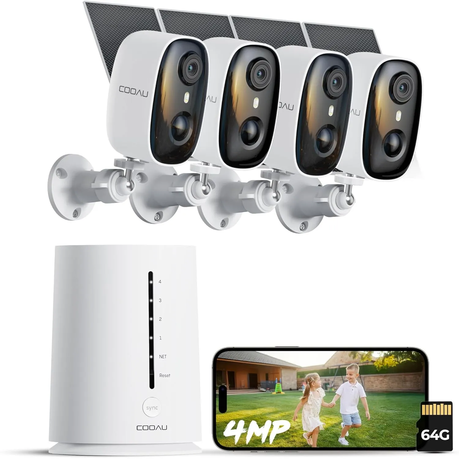 COOAU 4MP Überwachungskamera Aussen Akku Solar Set, 4 Cam Kit+64G Lokal