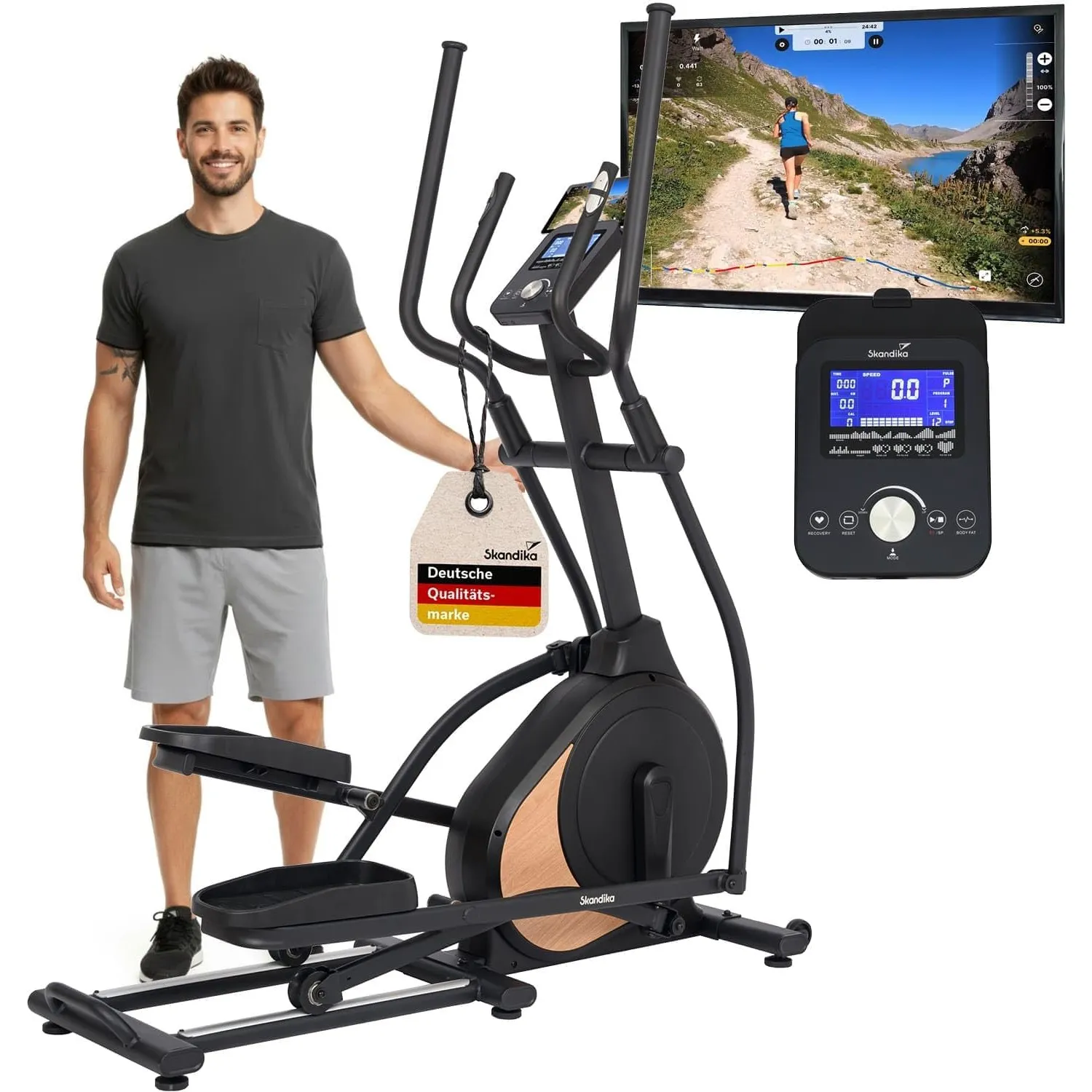 Skandika Crosstrainer Carbon P18 | Ellipsentrainer für Zuhause, 32 Widerstandsstufen, 13 Programme, LCD Display, App ko…