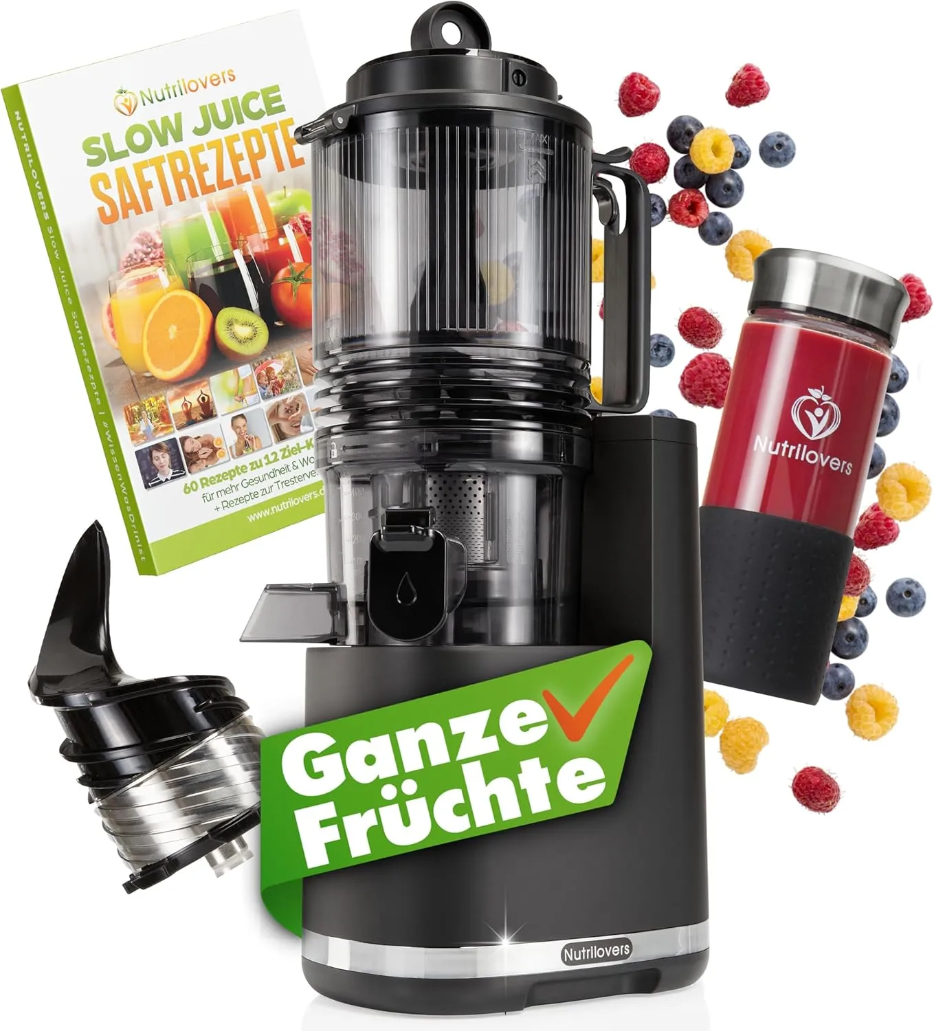 Nutrilovers Slow Juicer NUTRI-PRESS MAX Ganze Früchte entsaften Entsafter mit XXL 150 mm Öffnung, BPA-frei inkl. Saft-F…