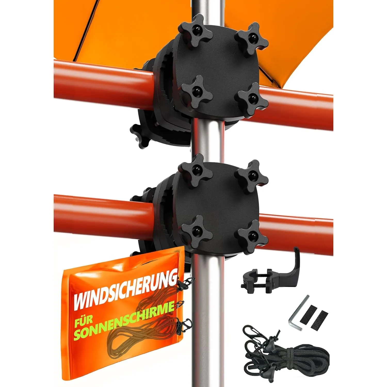 4smile 2 x Sonnenschirmhalter Balkongeländer SunnyGuy, Schwarz + Windsicherung für Sonnenschirme - Schirmhalterung Balk…