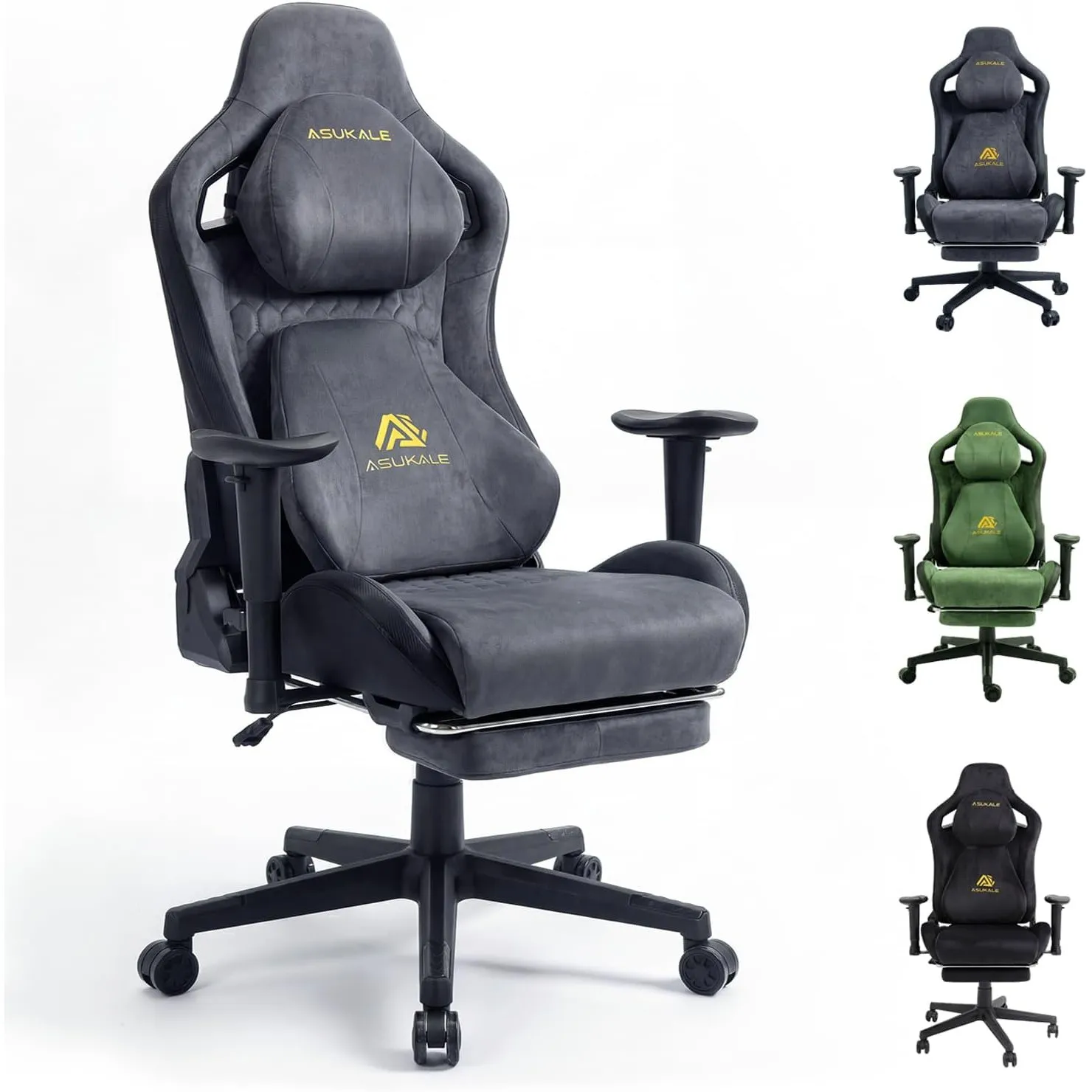 Gaming Stuhl | Ergonomischer Bürostuhl mit Fußstütze, Kopfstütze, 90-155° Rückenlehne, Wildlederimitat